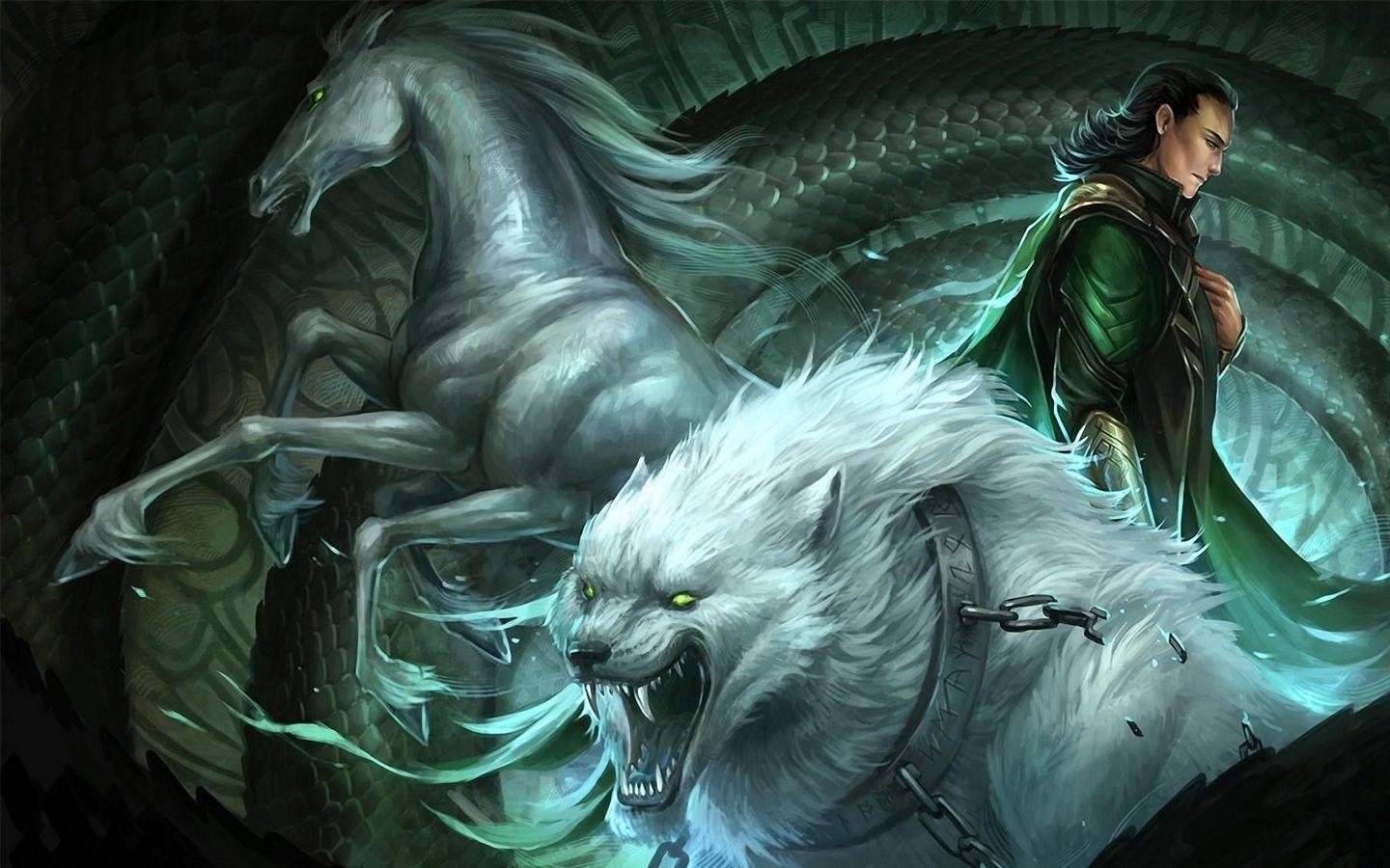 1440x900 Download wallpaper 1440x900 horse, wolf, teeth, chains, snake, man widescreen 16:10 HD background