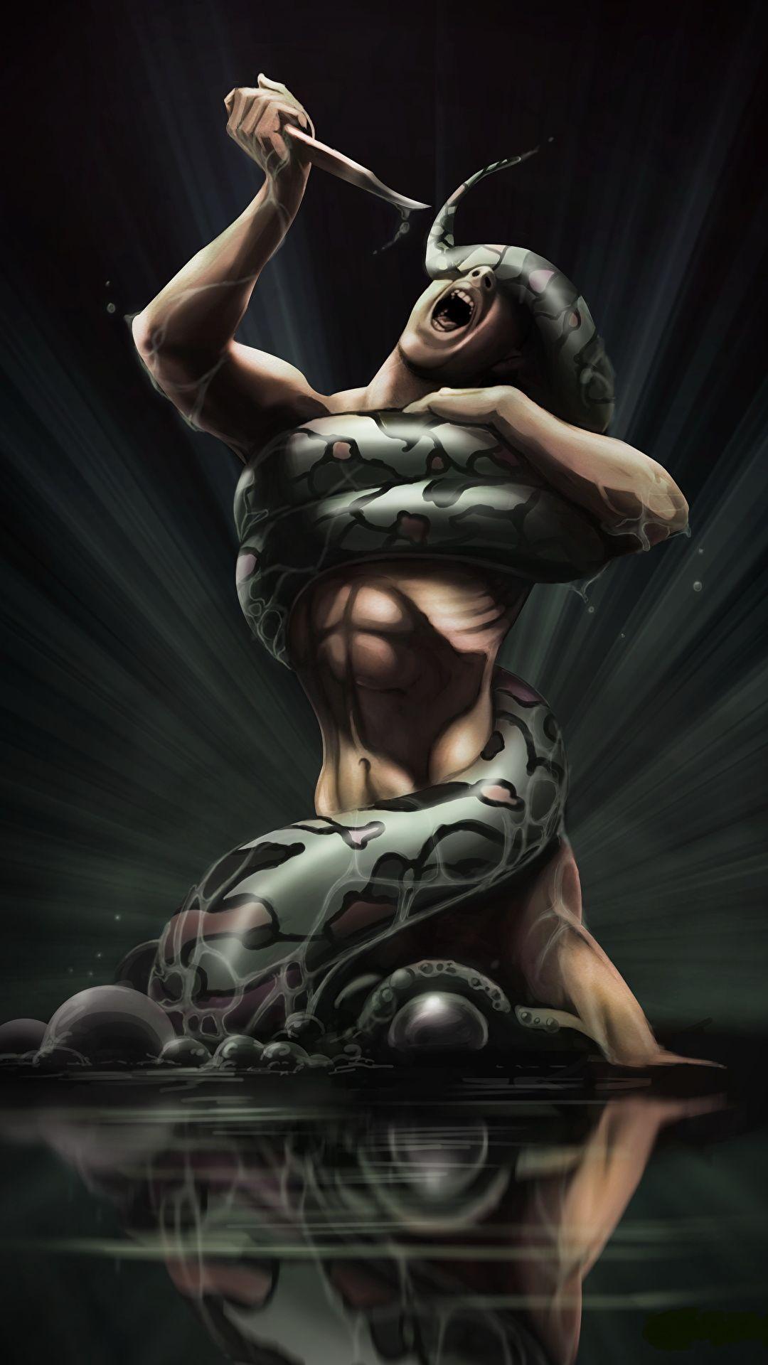 1080x1920 image Snakes Man Screaming Knife Fantasy Battles 1080x1920