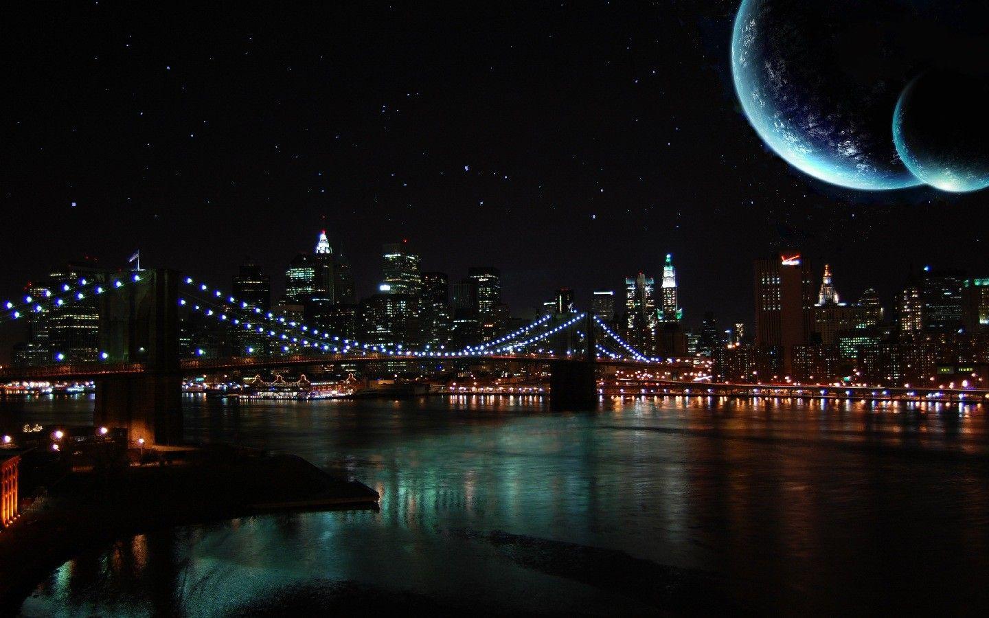 1440x900 Wallpaper night sky, moon, river, bridge wallpaper citydownload 883 - Sky City Wallpaper
