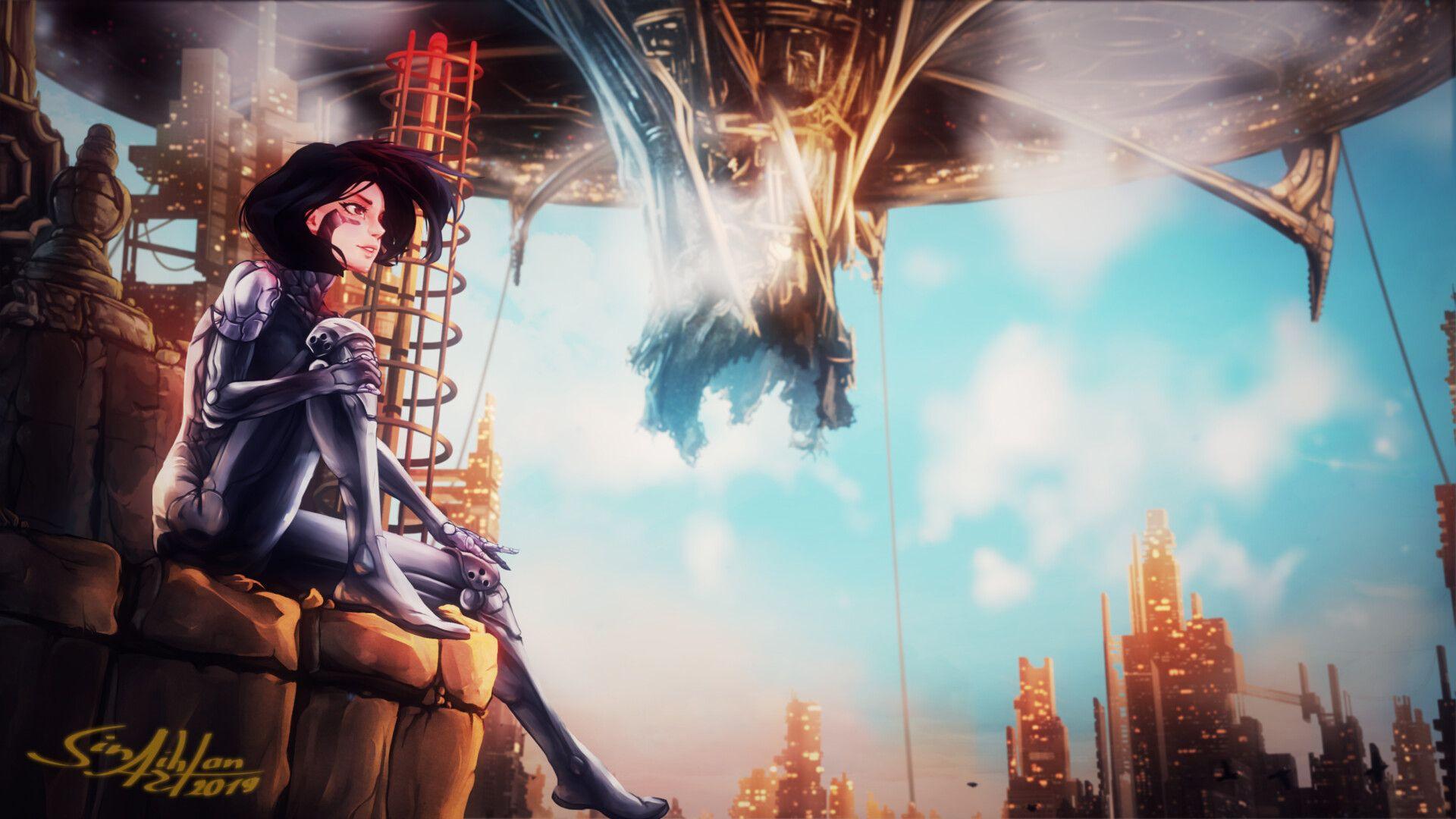 1920x1080 alita battle angel alita sitting on side with background of blue sky clouds and buildings HD movies Wallpaper
