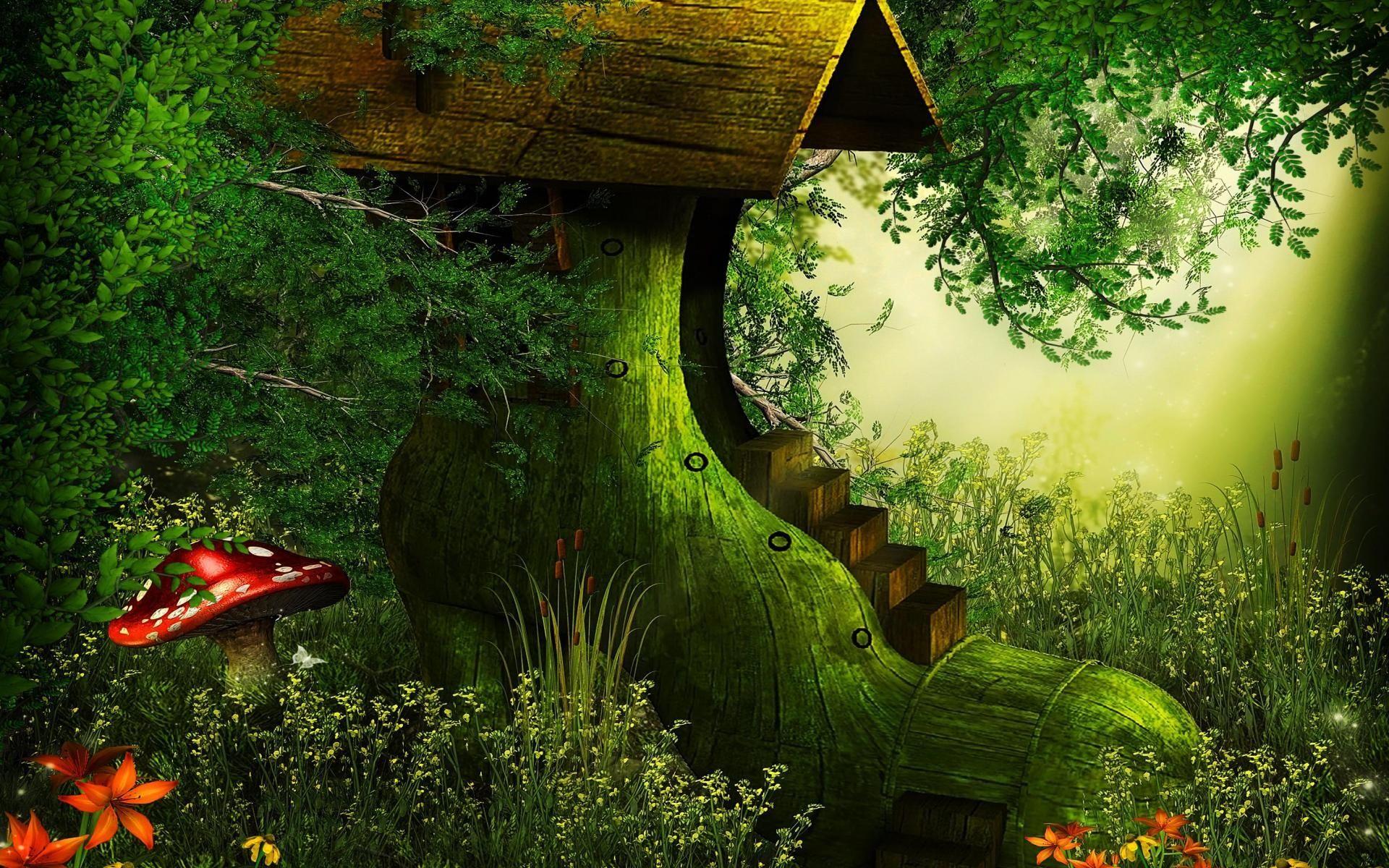 1920x1200 Artistic Fantasy House Shoe Mushroom Forest Wallpaper:1920x1200