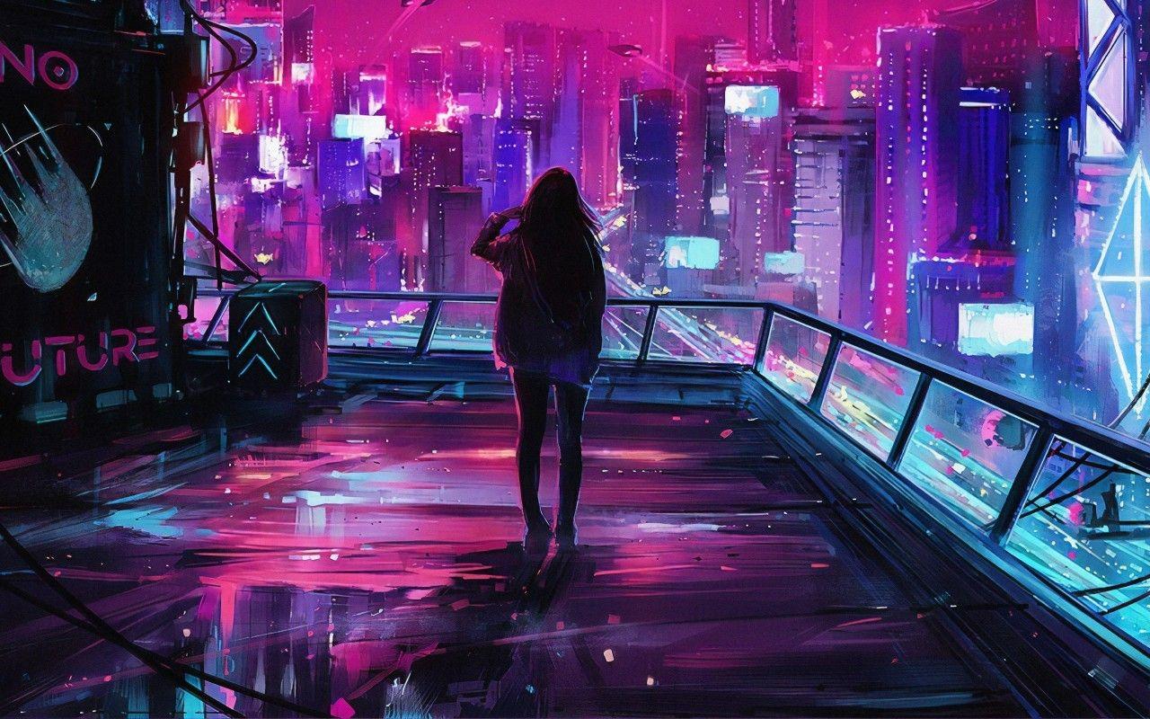1280x800 Download 1280x800 Neon City, Girl, Back View, Night, Lights Wallpaper for Motorola Xoom, MacBook Pro 13