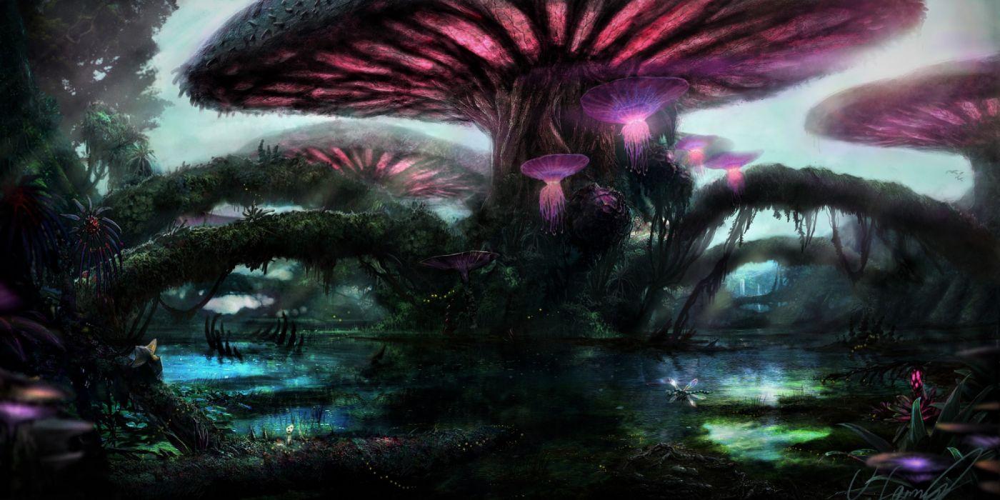 1400x700 Fantasy Forest Magical Mushroom Purple Tree wallpaperx1500