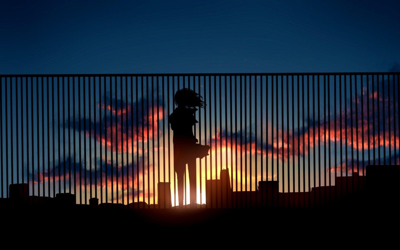 1680x1050 Art Sunset Sky Clouds City Girl Anime