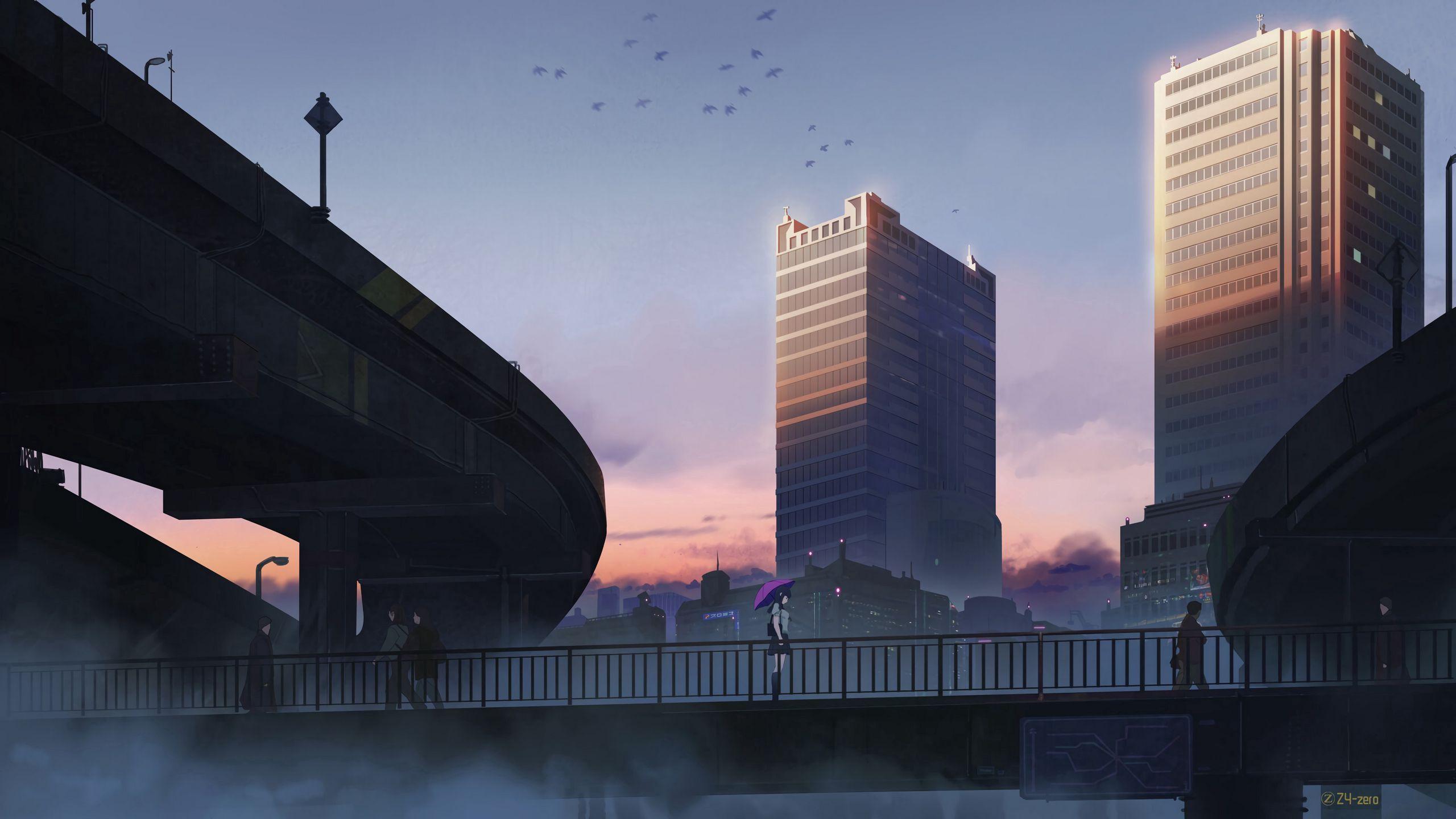 2560x1440 Download wallpaper 2560x1440 city, girl, umbrella, bridge widescreen 16:9 HD background