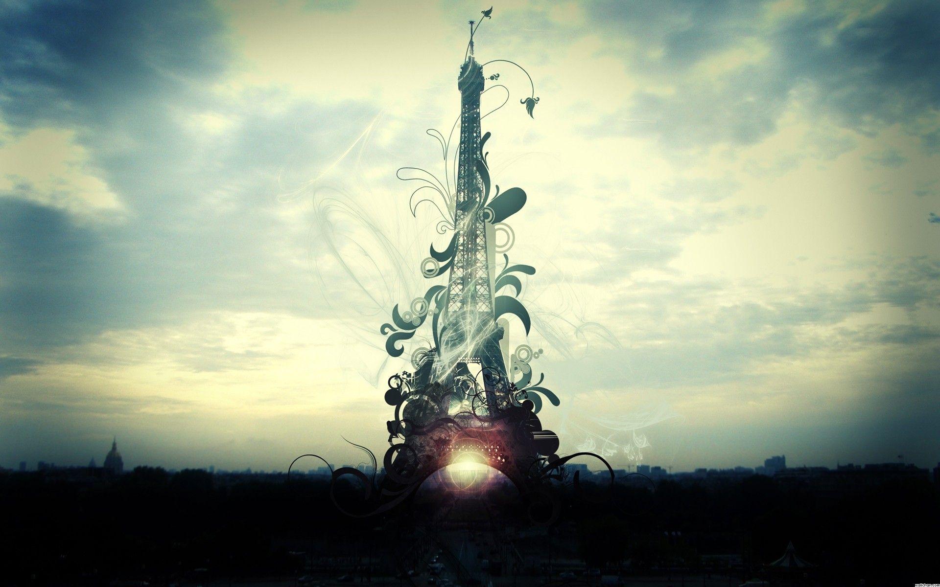 1920x1200 Photoshop, artistic, wallpaper, europe, designs, background, clouds, eiffel, sandbox, tower, paris, sunset, image
