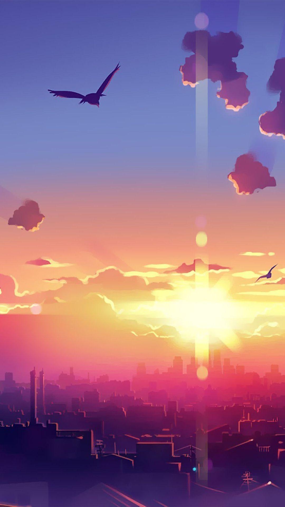 1080x1920 Sunrise City Morning Birds Illustration iPhone 6 Plus HD Wallpaper HD