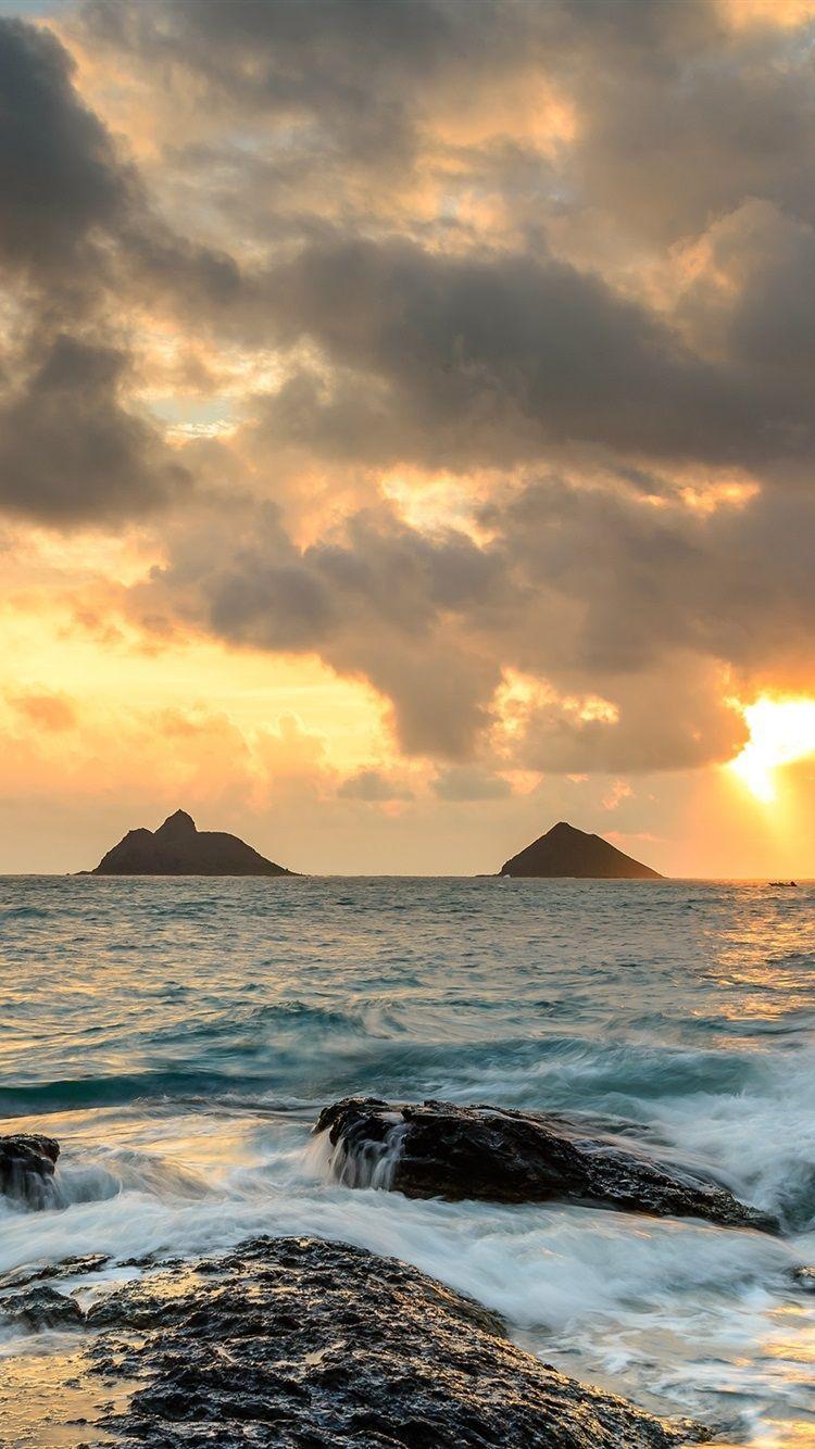 750x1334 iPhone Wallpaper Hawaii, Ocean, Rocks, Sunrise, Waves Sunrise Wallpaper Hawaii