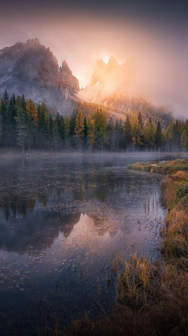 750x1334 Mountains, Trees, Fog, Sunrise, River, Morning 750x1334 IPhone 8 7 6 6S Wallpaper, Background, Picture, Image