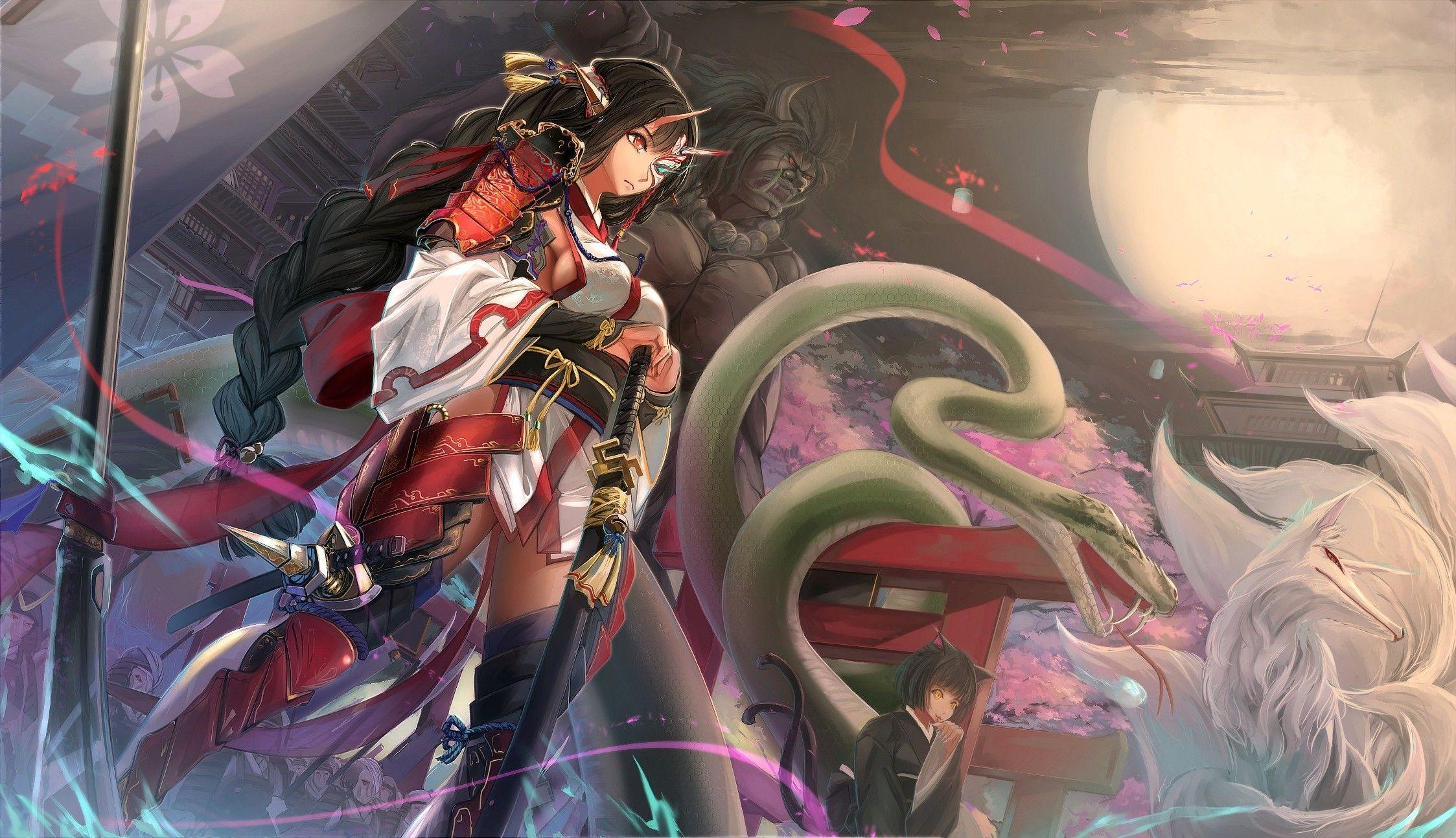 2247x1293 anime, Anime Girls, Original Characters, Snake, Fox, Samurai, Sword