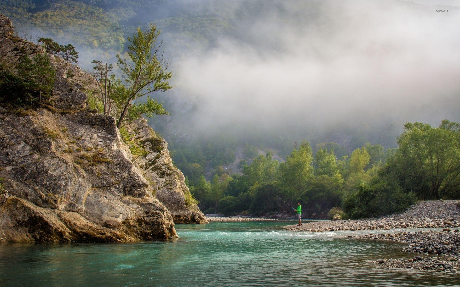 1920x1200 Fishing near the foggy forest mountain wallpaper wallpaper