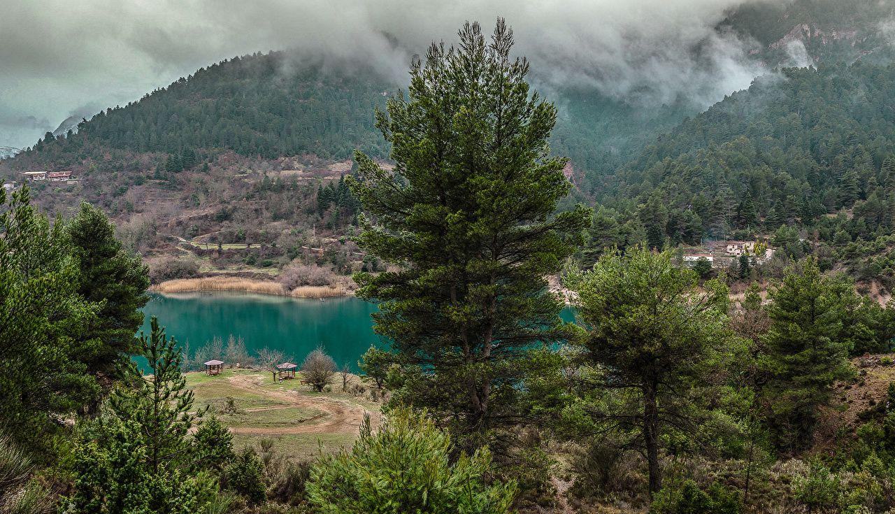 1280x735 Desktop Wallpaper Greece Tsivlou lake Fog Nature Mountains Lake