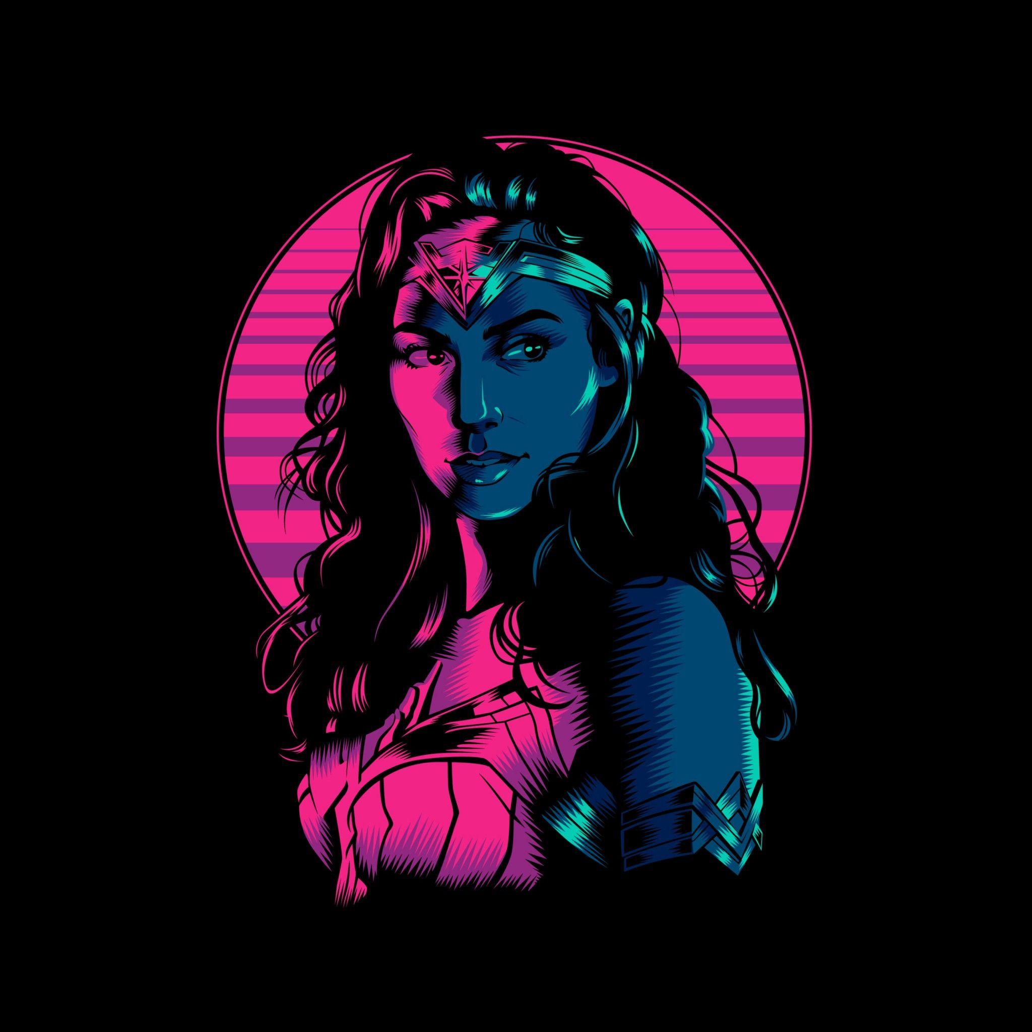 2048x2048 Wonder Woman 1984 Wallpaper 4K, Wonder Woman, Fan art, Black background, Neon, Graphics CGI