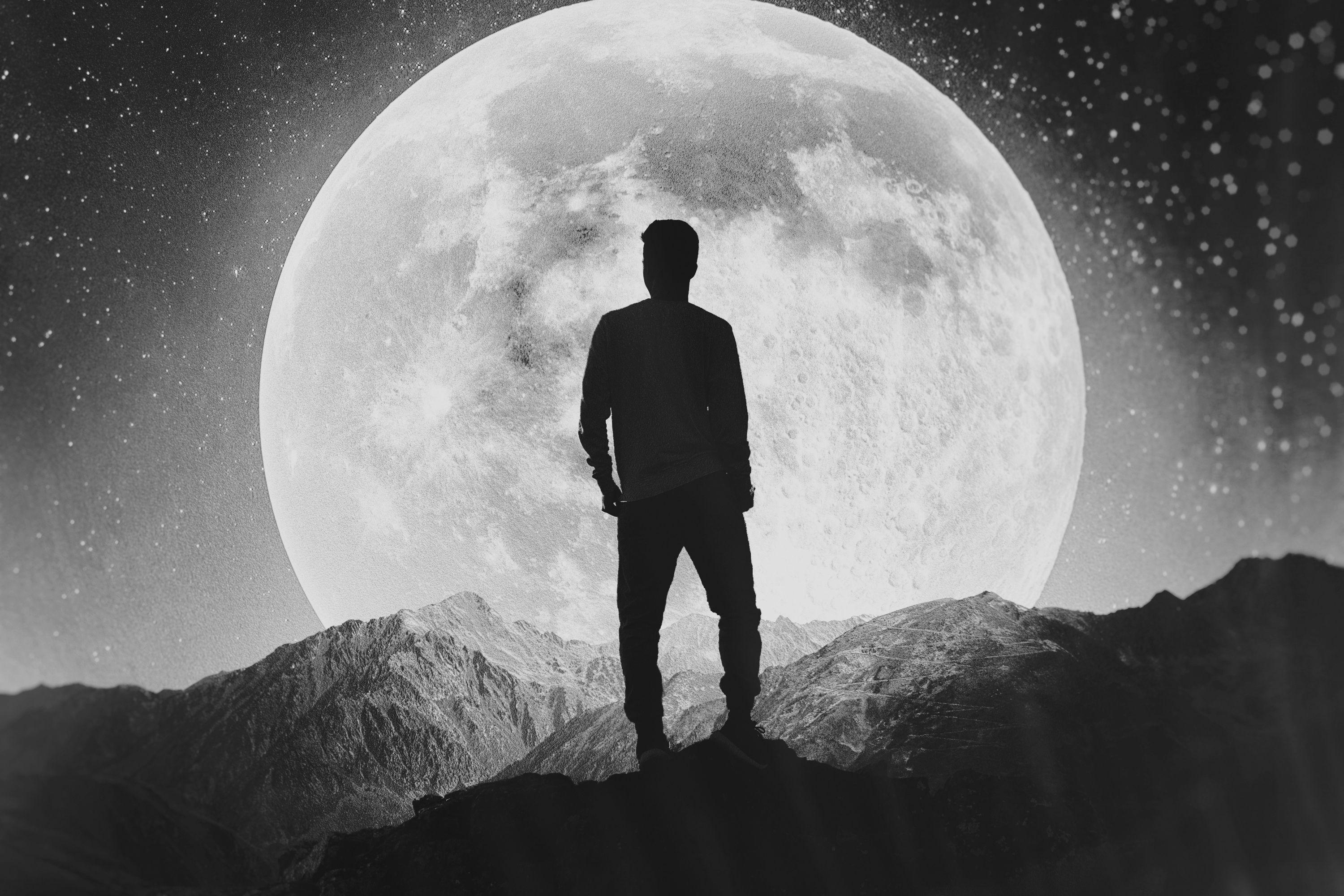 3000x2000 #Mountains, #Man, #Alone, #Silhouette, #Moon