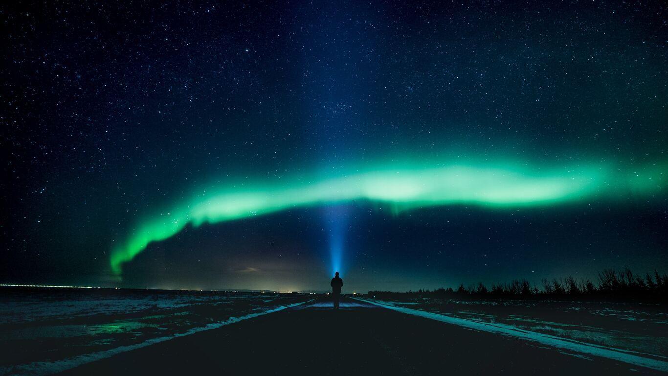 1366x768 Aurora Sky Road Man Alone 1366x768 Resolution HD 4k Wallpaper, Image, Background, Photo and Picture