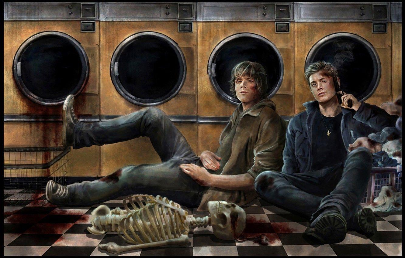 1332x850 Wallpaper look, gun, weapons, blood, art, skeleton, floor, truck, brothers, Supernatural, Jensen Ackles, Supernatural, Laundry, Dean Winchester, Dean Winchester, Jared Padalecki image for desktop, section живопись