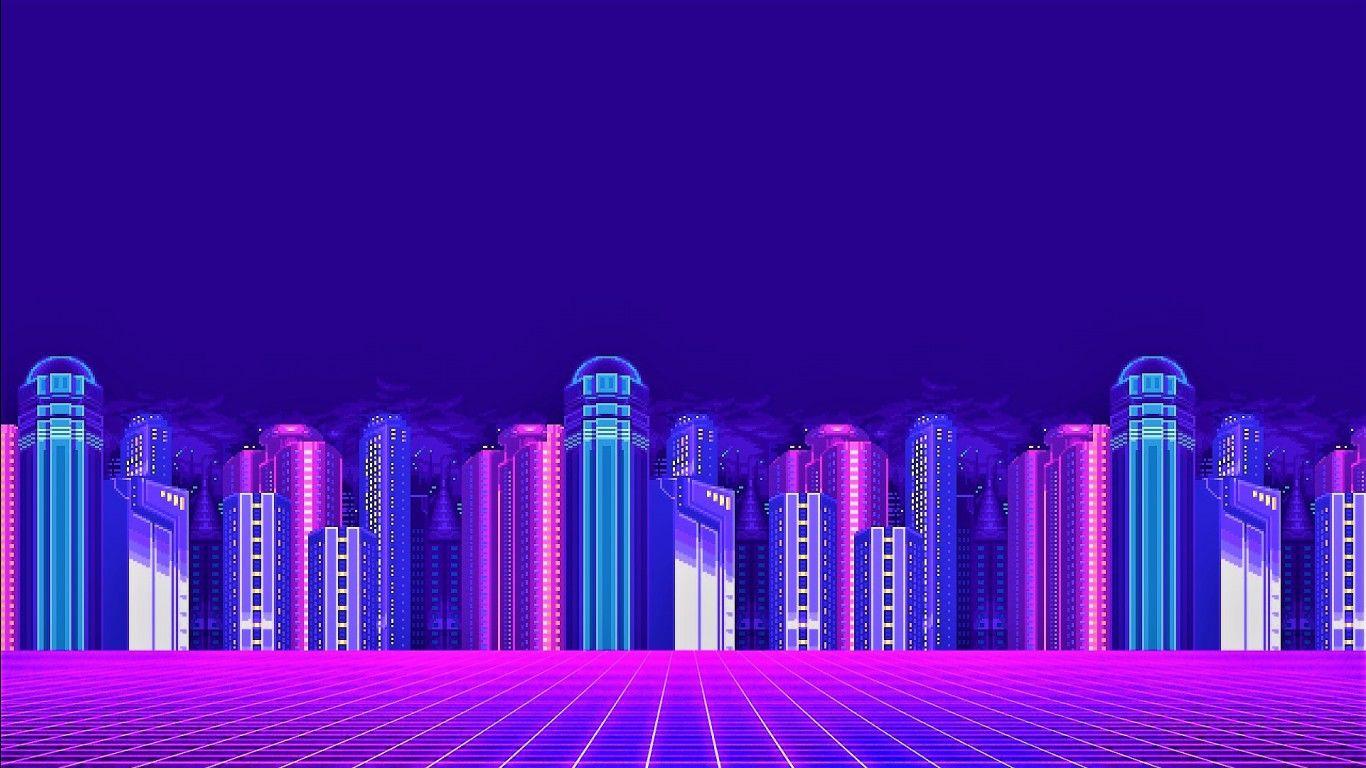 1366x768 Lighting Buildings In Dark Purple Background HD Vaporwave Wallpaper