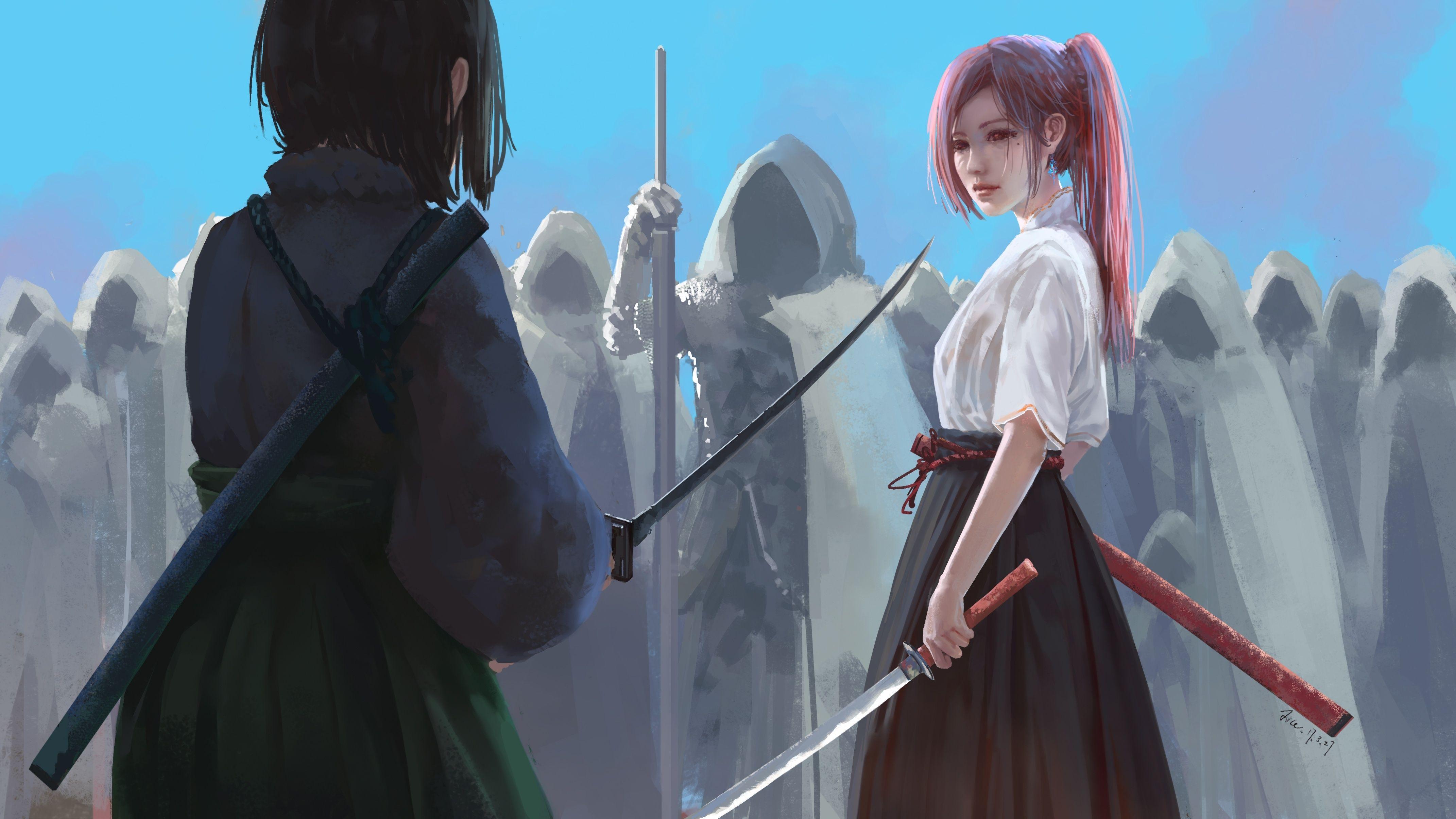 4283x2409 Anime girls samurai pink hair semi realistic fighting wallpaperx2409