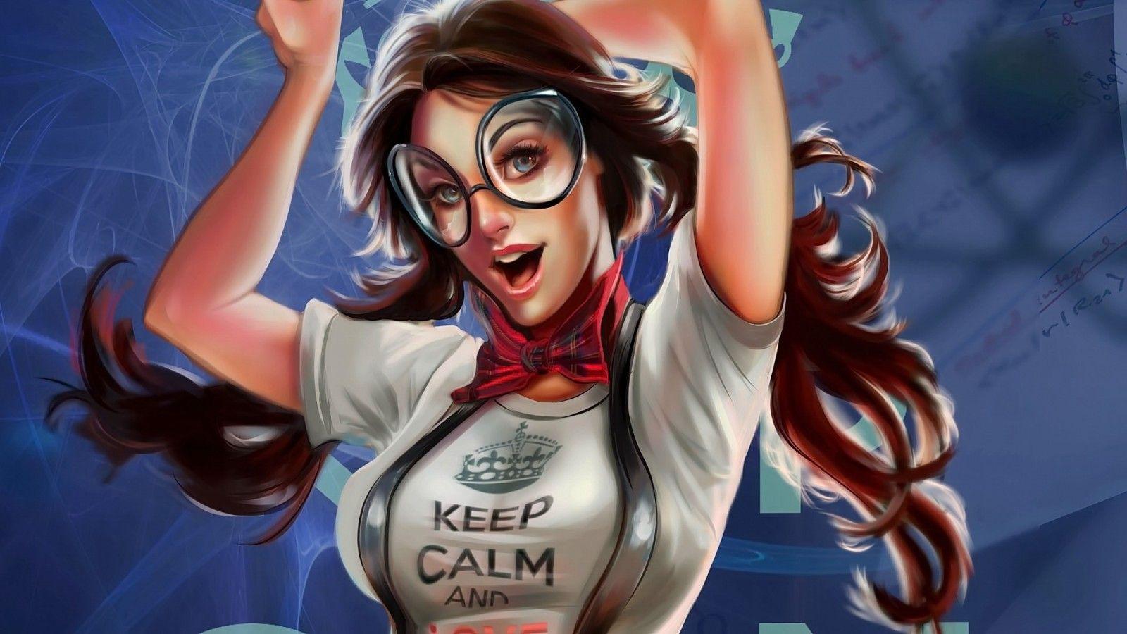 1600x900 #looking at viewer, #realistic, #anime, #long hair, #blue eyes, #anime girls, #open mouth, #glasses, #brunette, #Keep Calm and., wallpaper