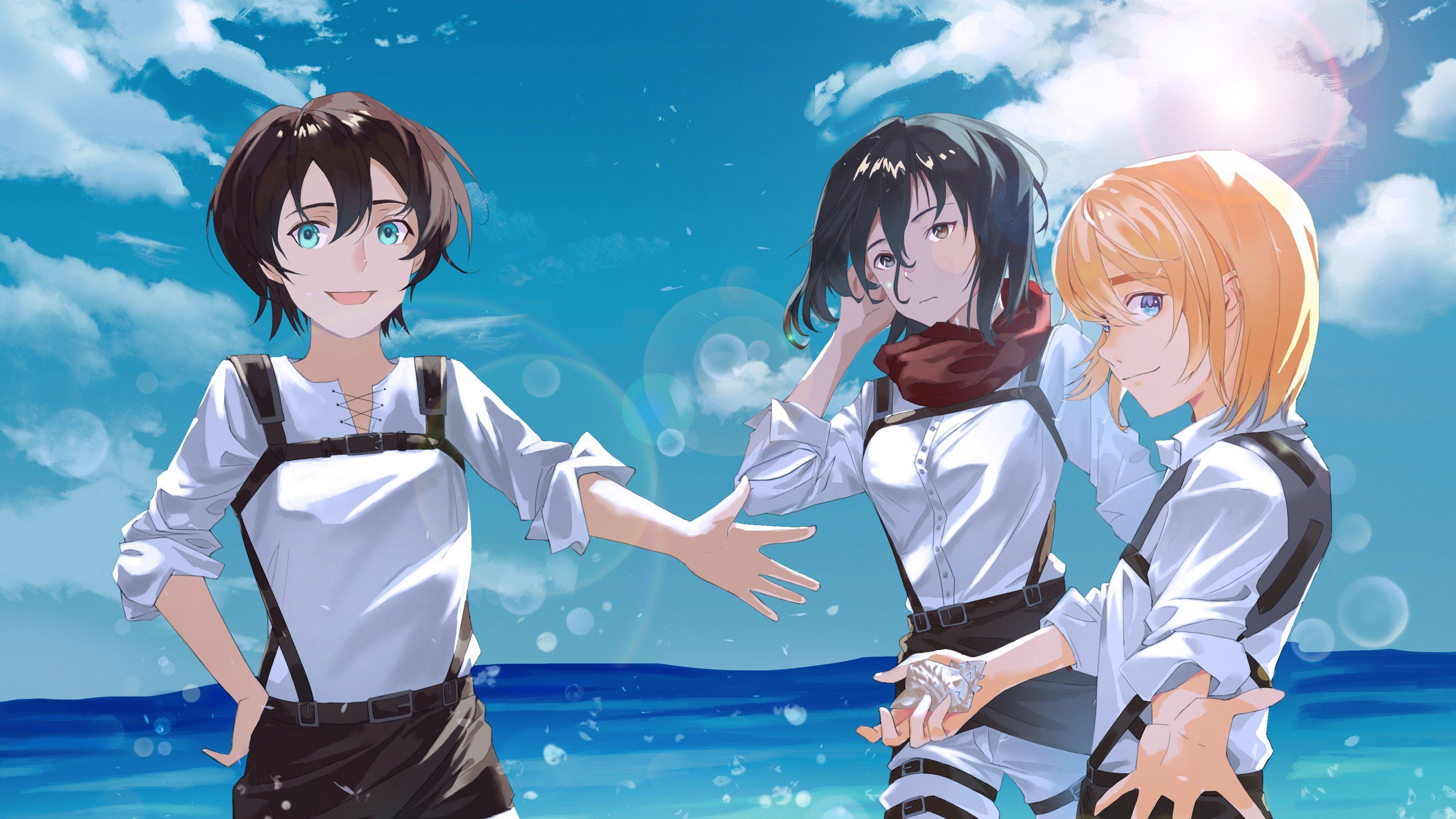 3840x2160 Attack On Titan Armin Arlert Eren Yeager Mikasa Ackerman Standing On Beach With Background Of Blue Sky And Clouds 4K HD Anime Wallpaper