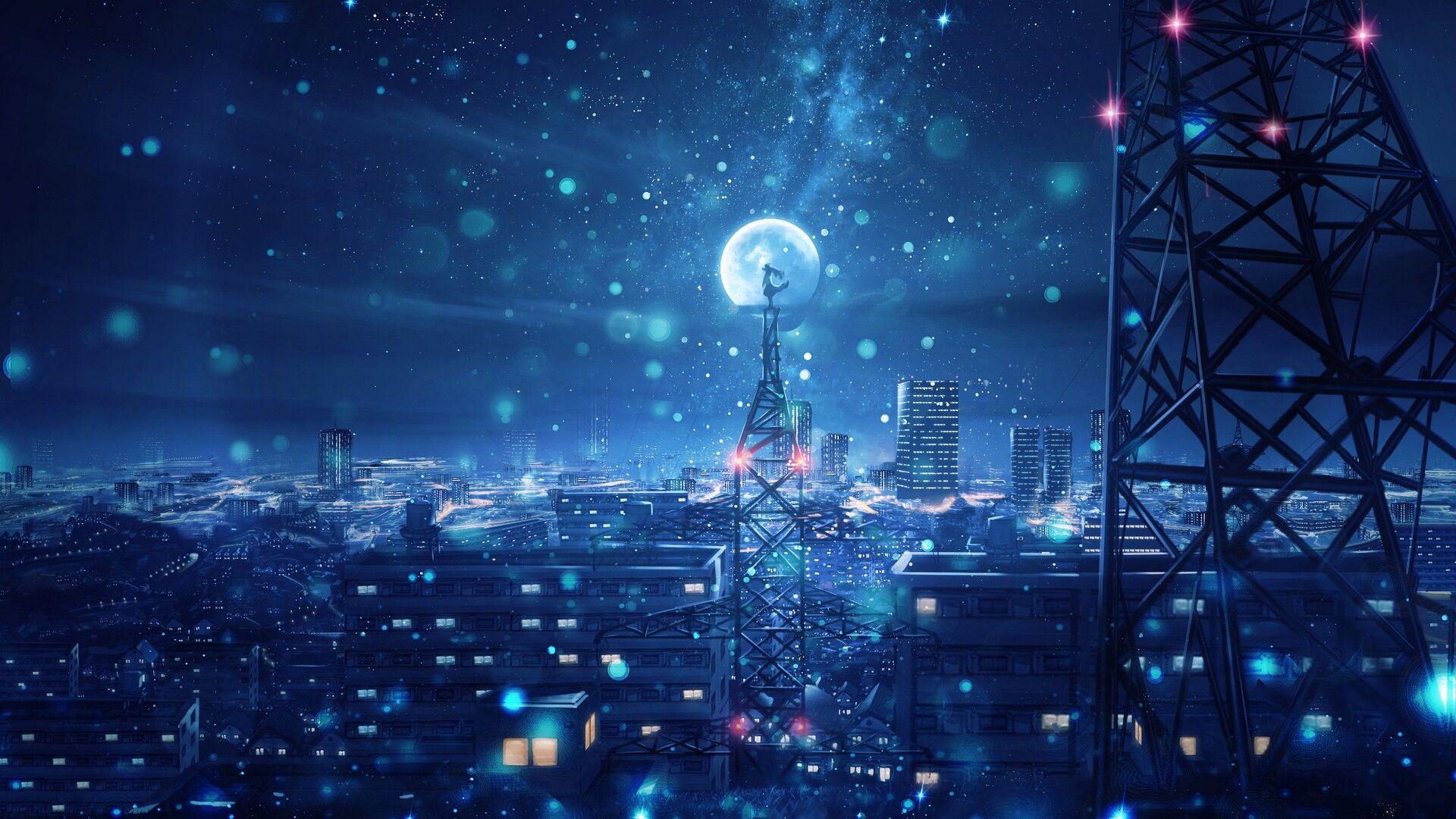 1920x1080 Blue Night Big Moon Anime Scenery 4k Laptop Full HD 1080P HD 4k Wallpaper, Image, Background, Photo and Picture
