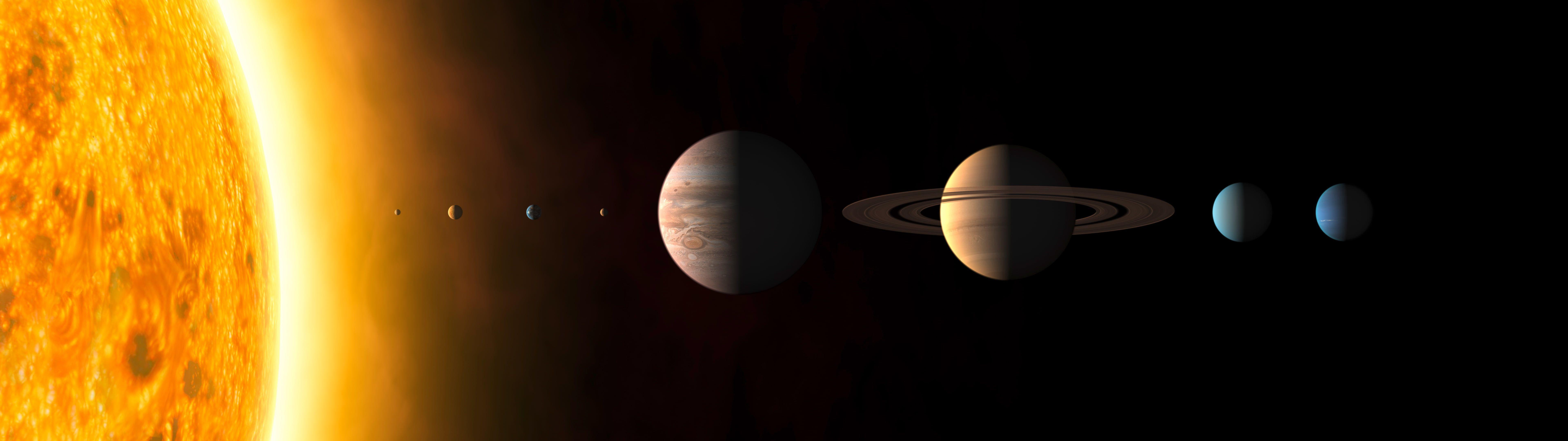 7680x2160 solar system illustration multiple display #planet #space Solar System #Sun K #wallpaper #hdwallpape. Solar system wallpaper, Death star wallpaper, Solar system