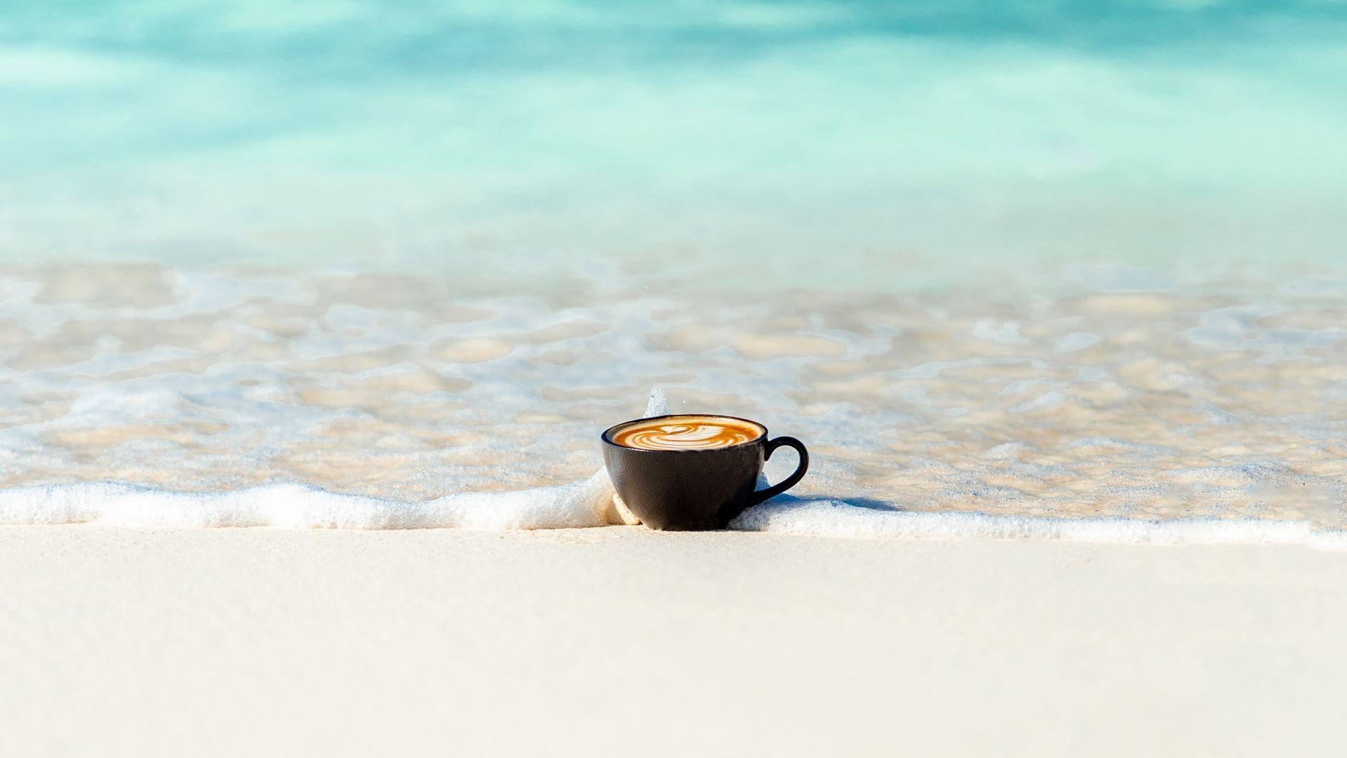 1920x1080 Desktop wallpaper coffee cup, beach, sea waves, soft, minimal, HD image, picture, background, 299a42