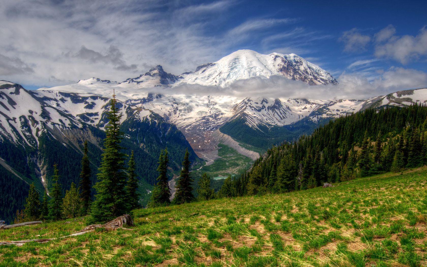 1680x1050 Download wallpaper 1680x1050 mountains, landscape, mt rainier, washington, grass, hdr widescreen 16:10 HD background