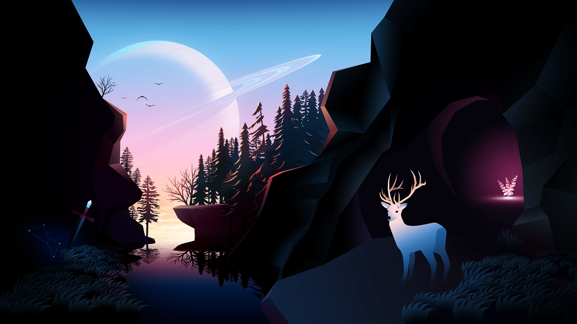 1920x1080 Saturn Landscape Sunset Sword Nature Deer Violet Blue OrionsBelt Colorful Glowing Byrotek Wallpaper:1920x1080