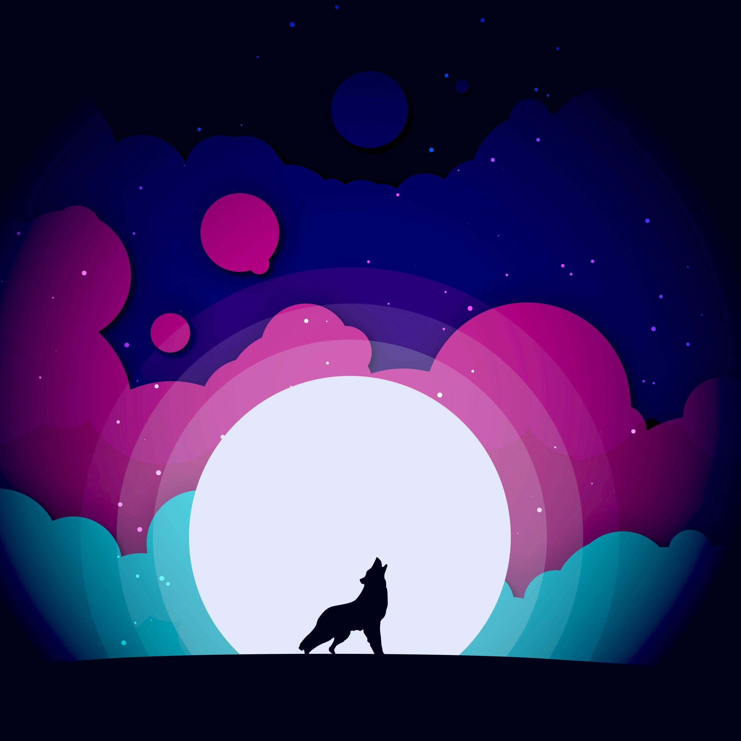 2560x2560 Wolf 4K Wallpaper, Howling, Gradients, Moon, Silhouette, Colorful, Black background, Minimal