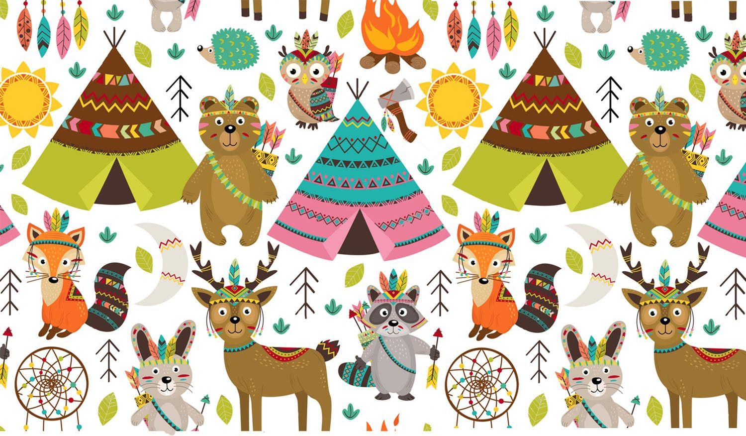 1500x876 Wallpaper, Wallart, Art, decoration, Funny Indians, Animals, Wigwam, Happy little Indians, Rabbit, Owl, Deer, Fox, Bear, Raccoon, Colorful Nursery