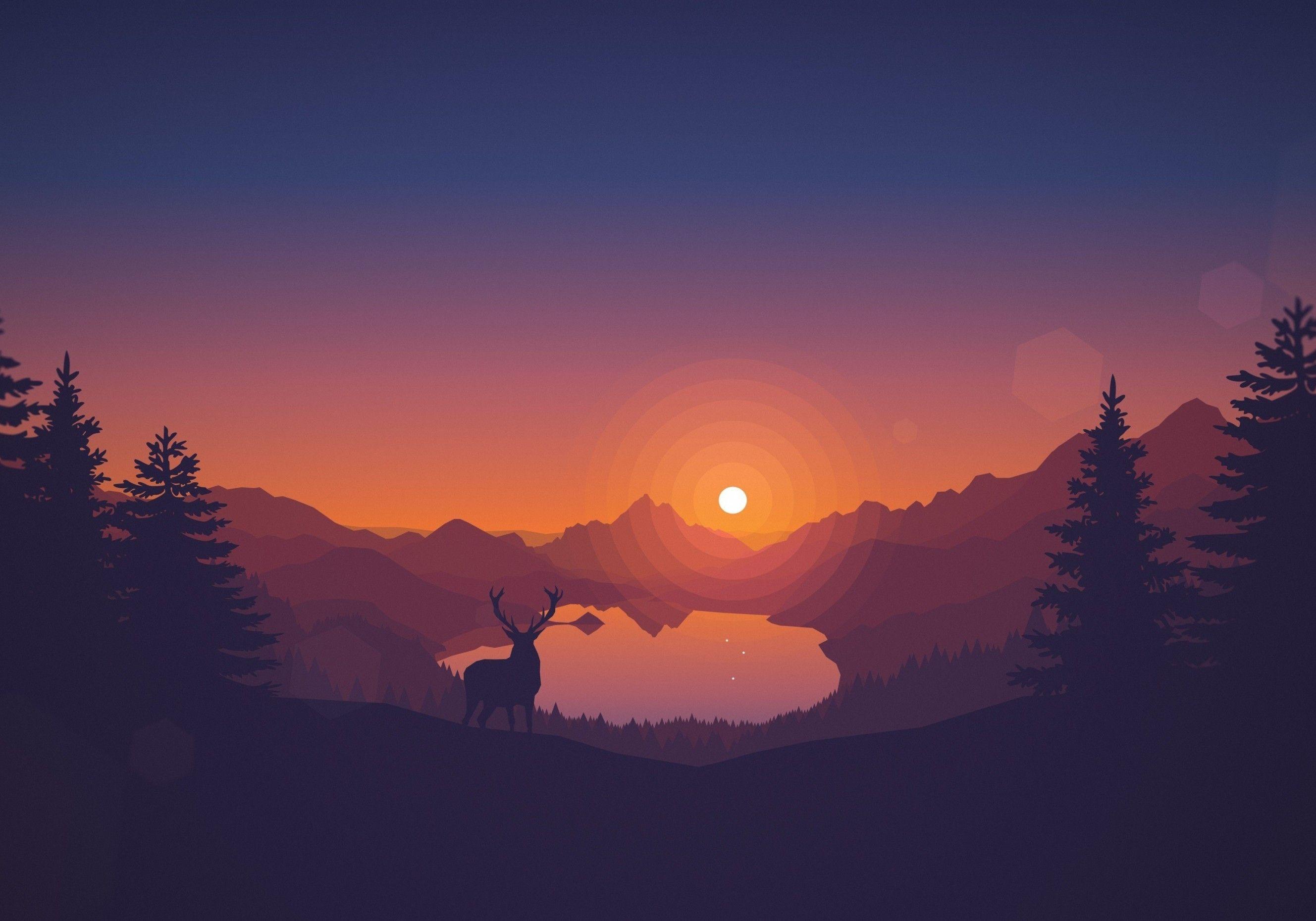 2657x1860 Download 2657x1860 Minimalism, Scenic, Toon Colors, Deer, Sun, Forest, Trees, Mountain Wallpaper