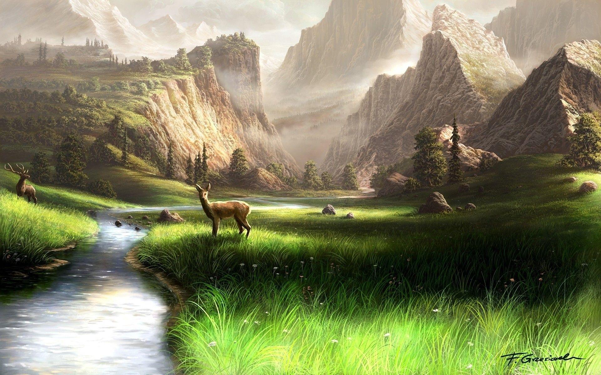 1920x1200 Animals, Rivers, Landscapes, Background Image, Artwormac Wallpaper, Fields Mountains, Deer, Colored, Cool, HD Wallpaper