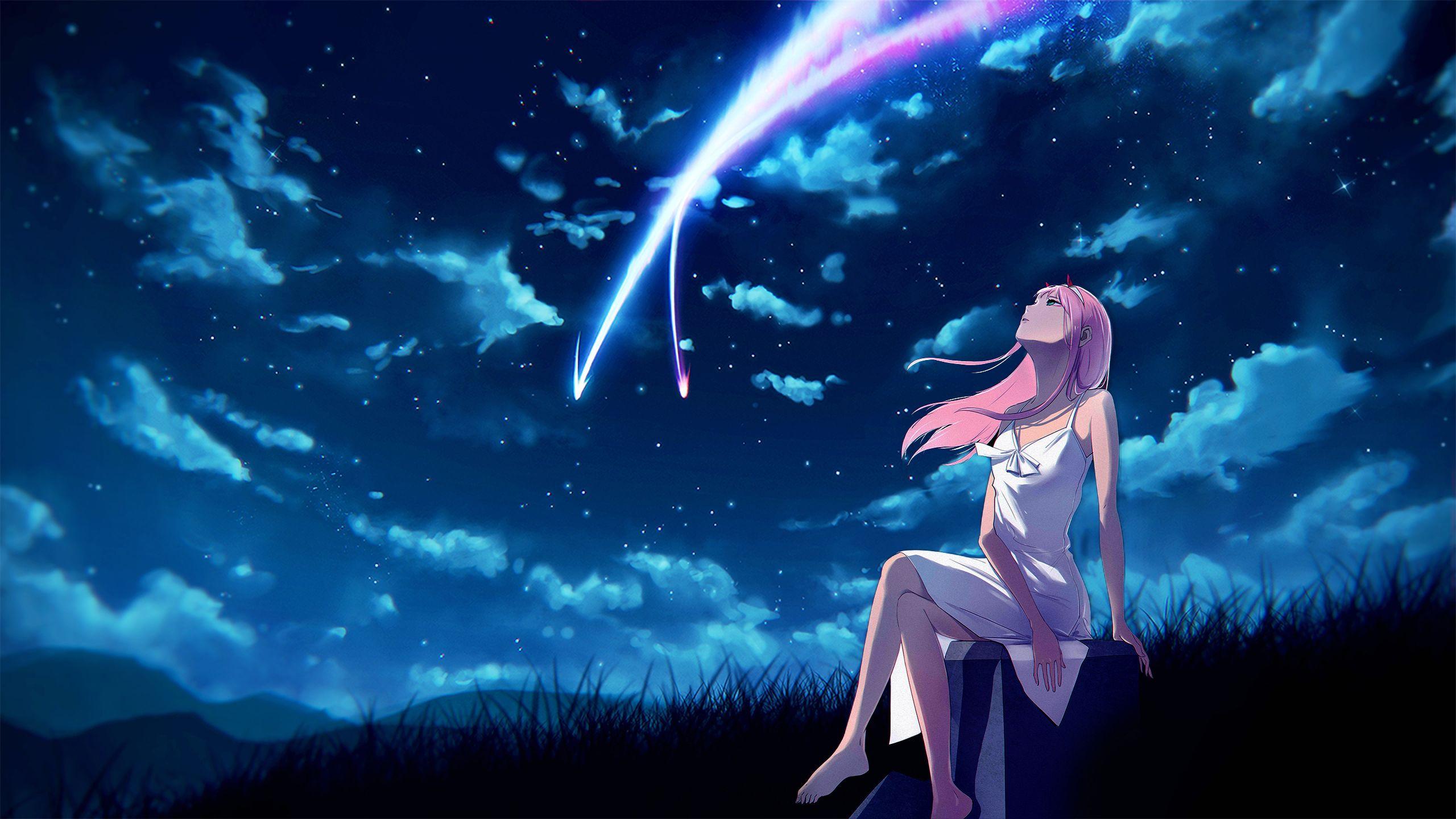 2560x1440 darling in the franxx zero two sitting near field seeing lighting on the sky with background of dark sky clouds and stars during night time HD anime Wallpaper. HD Wallpaper