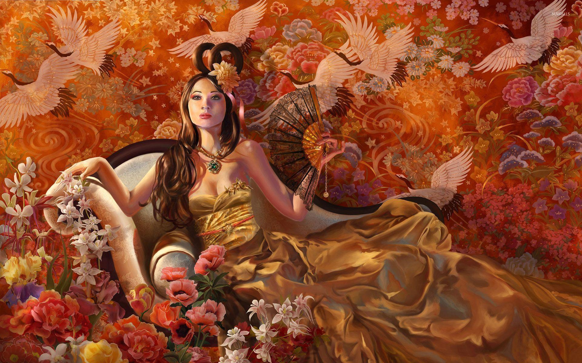 1920x1200 Amazing geisha lying on the chair wallpaper wallpaper