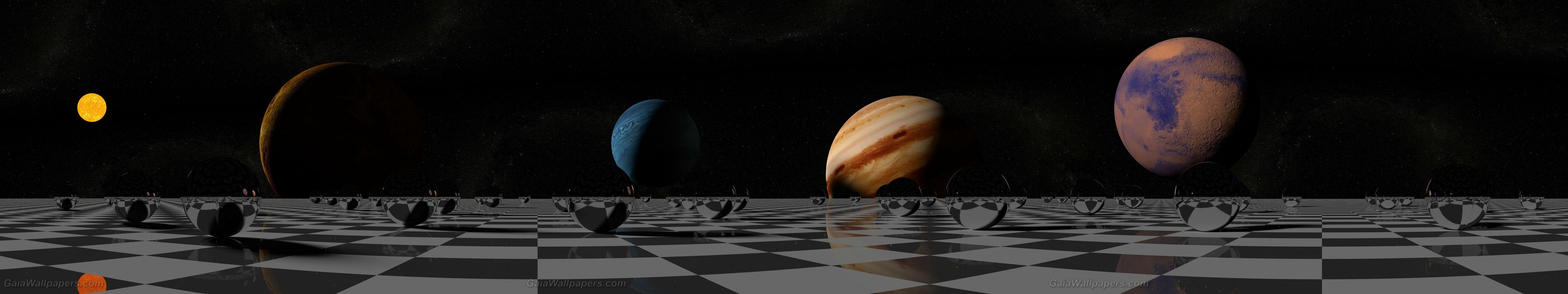5760x1080 Small solar system reflecting on the chessboard wallpaper 5760x1080 Desktop Wallpaper