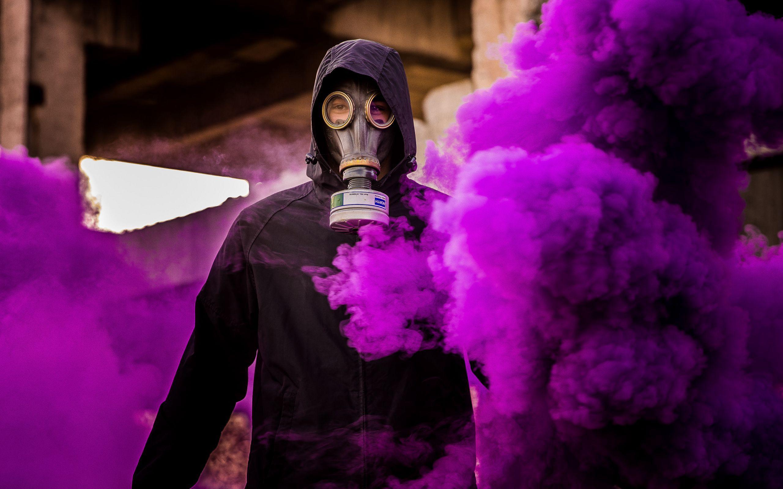 2560x1600 Download wallpaper 2560x1600 man, gas mask, smoke, purple widescreen 16:10 HD background