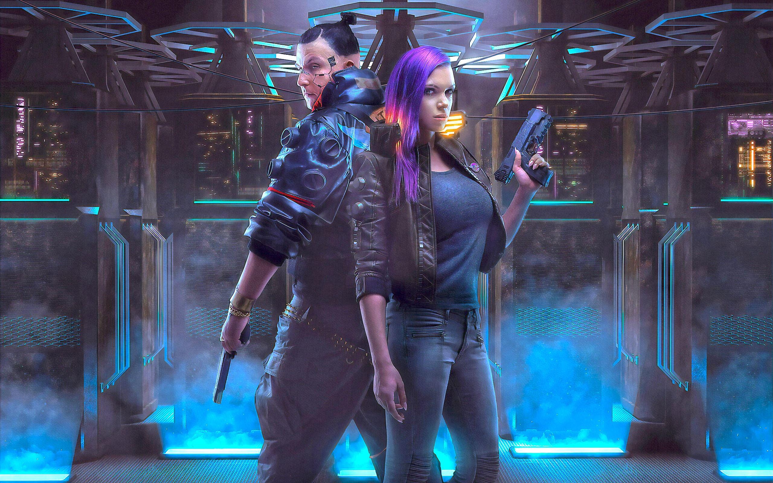 2560x1600 Cyberpunk Cyborg, Girl, Gun, Man, Purple wallpaper