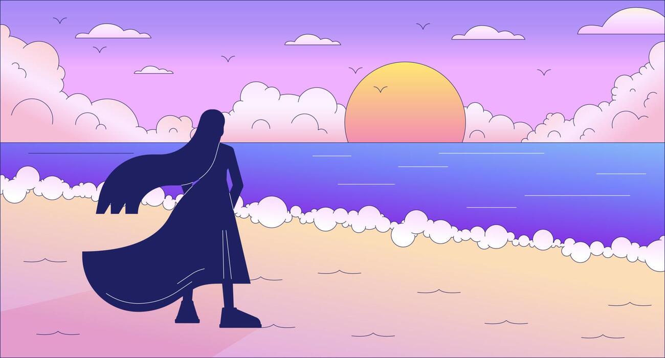 1300x700 Sad woman on beach enjoying sunset lo fi chill wallpaper. Lonely girl watching sea waves 2D vector cartoon character illustration, vaporwave background. 80s retro album art, synthwave aesthetics 23870229 Vector Art