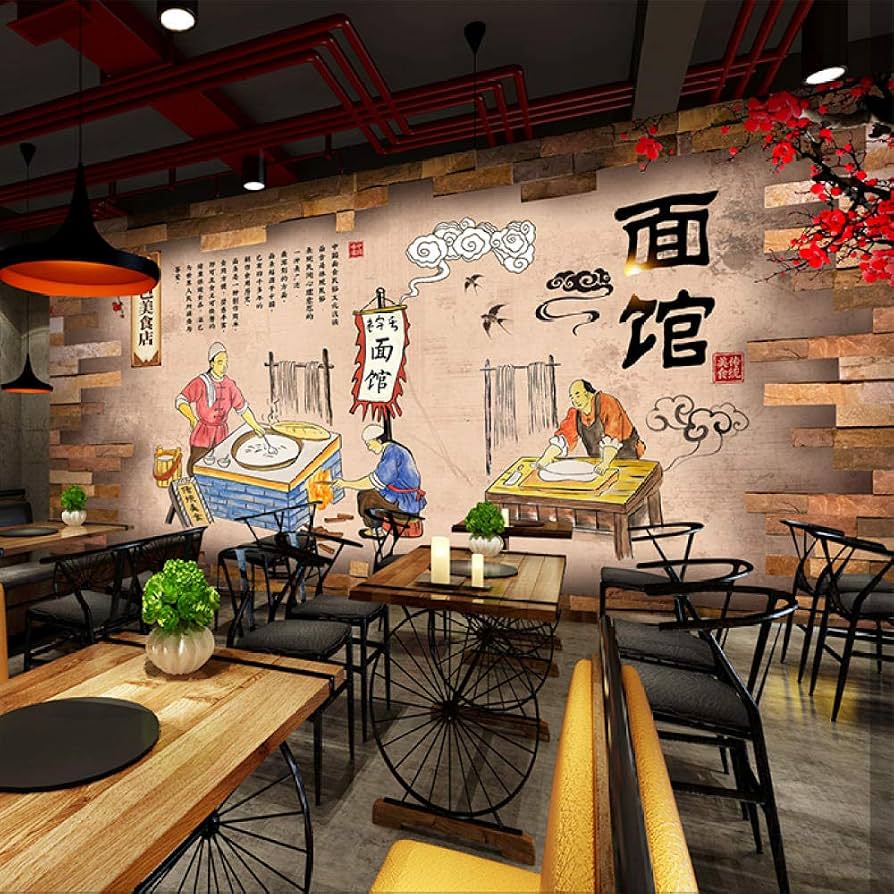 894x894 Mural 3D Wallpaper Mural Vintage Traditional Gourmet Noodle Shop Wallpaper Chongqing Face Noodle Beef Noodle Restaurant Hotel Background Wallpaper Seamless Wall Covering 200Cmx140Cm : כלי עבודה ושיפוץ ביתי
