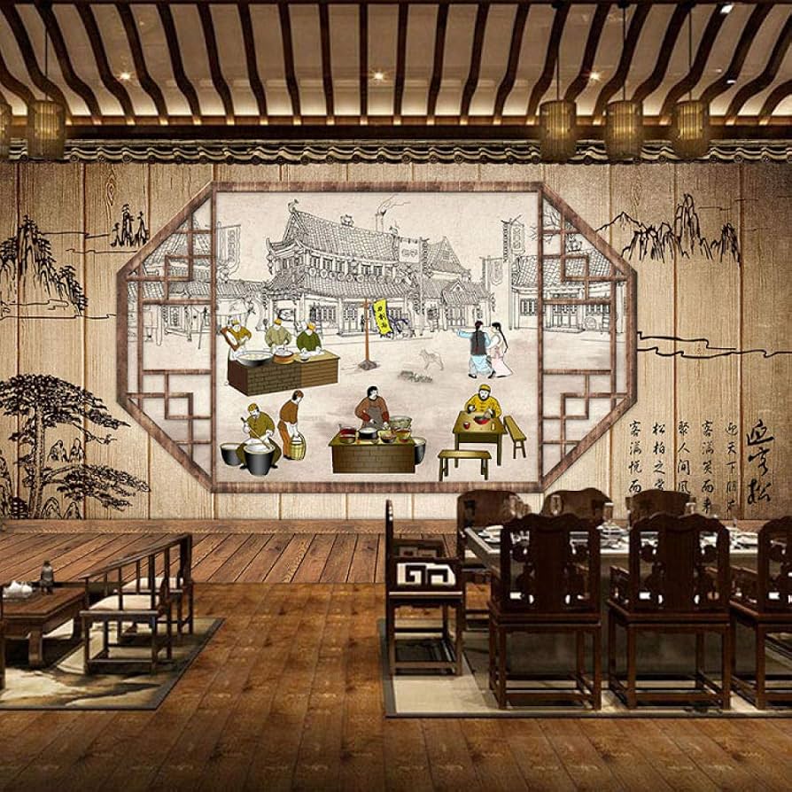 894x894 Large Chinese Ink Bazaar Noodles Wood Board Wallpaper Personality Noodle Restaurant Snack Shop Restaurant Background Mural Wallpaper : Amazon.co.uk: DIY & Tools