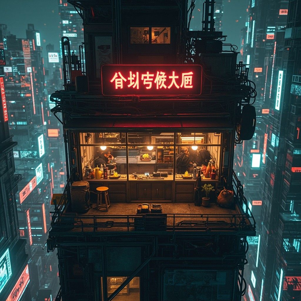 1024x1024 Atmospheric Cyberpunk Noodle Shop in Skyrise with Neon City Lights