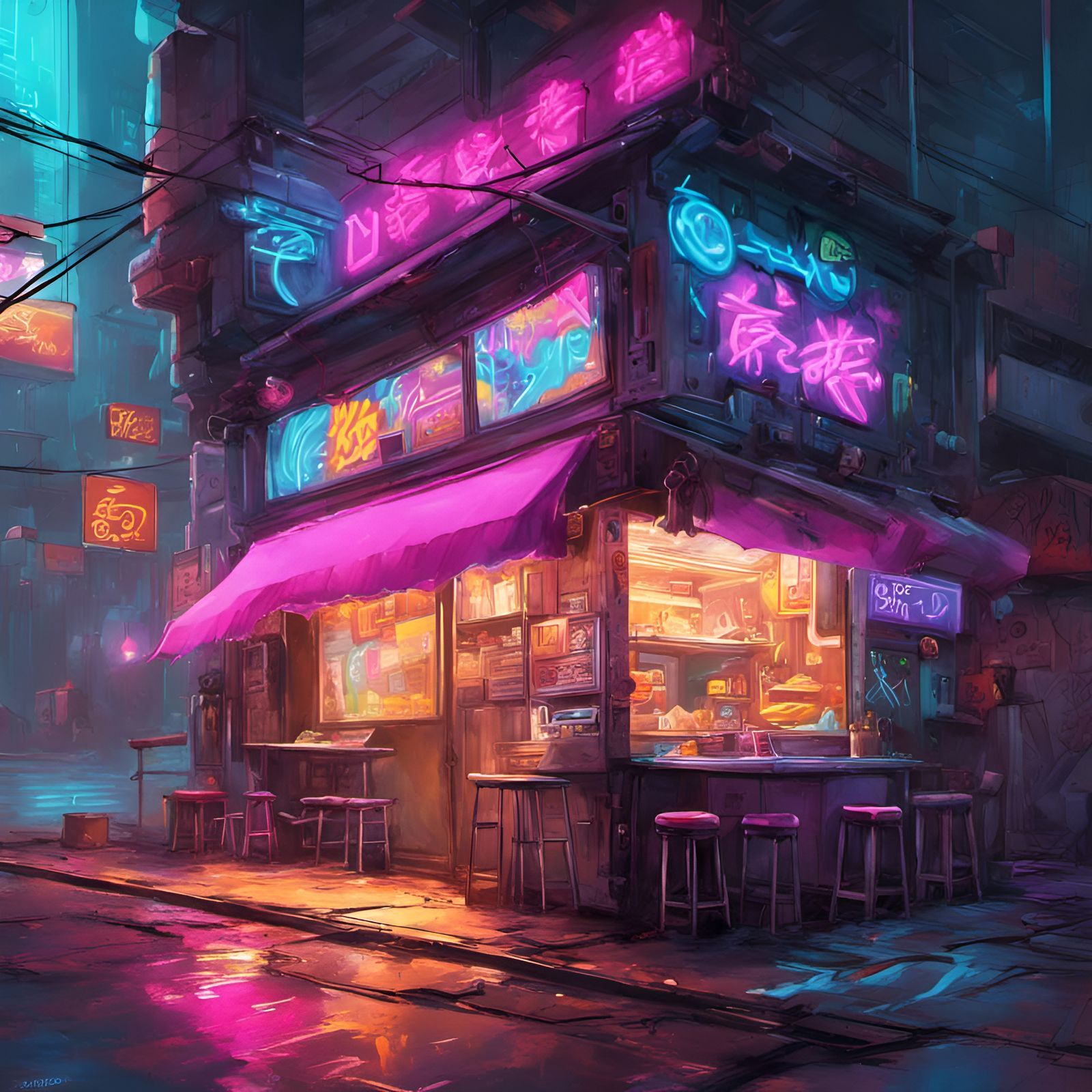 1600x1600 Cyberpunk Noodle Shop with Neon Graffiti Art