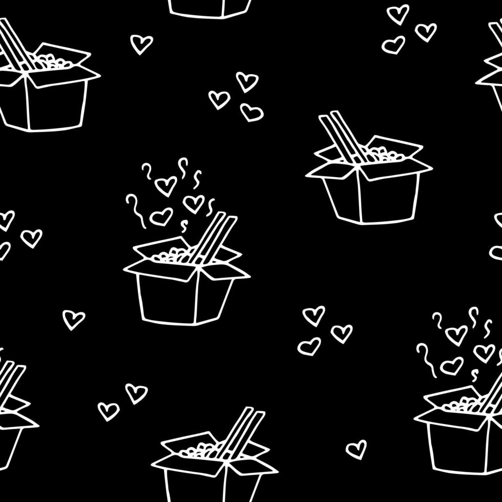 980x980 noodle in a box, chopsticks and steam with hearts seamless pattern hand drawn in doodle style. wallpaper, background, textile, wrapping paper. scandinavian, simple, minimalism, monochrome