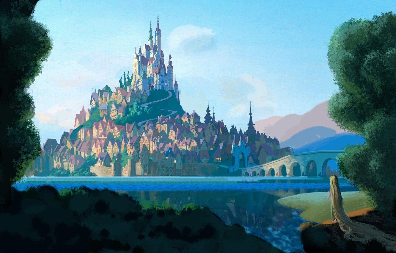 1332x850 Wallpaper forest, landscape, mountains, bridge, river, castle, figure, cartoon, art, Rapunzel, Tangled, Rapunzel, Walt Disney, Rapunzel: a Tangled tale image for desktop, section фильмы