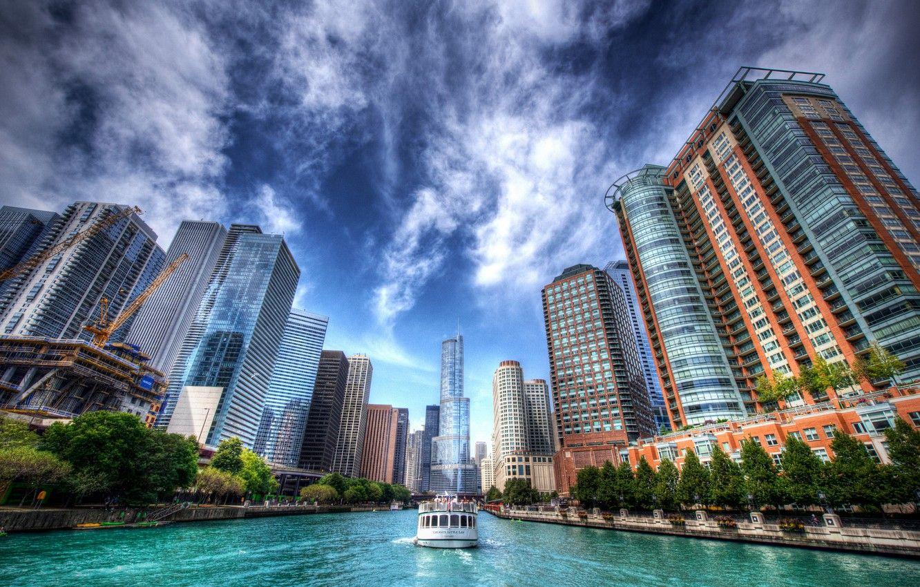 1332x850 Wallpaper the sky, river, building, hdr, Chicago, Il, Chicago, Illinois, skyscrapers, ship, Chicago River, the Chicago river image for desktop, section город