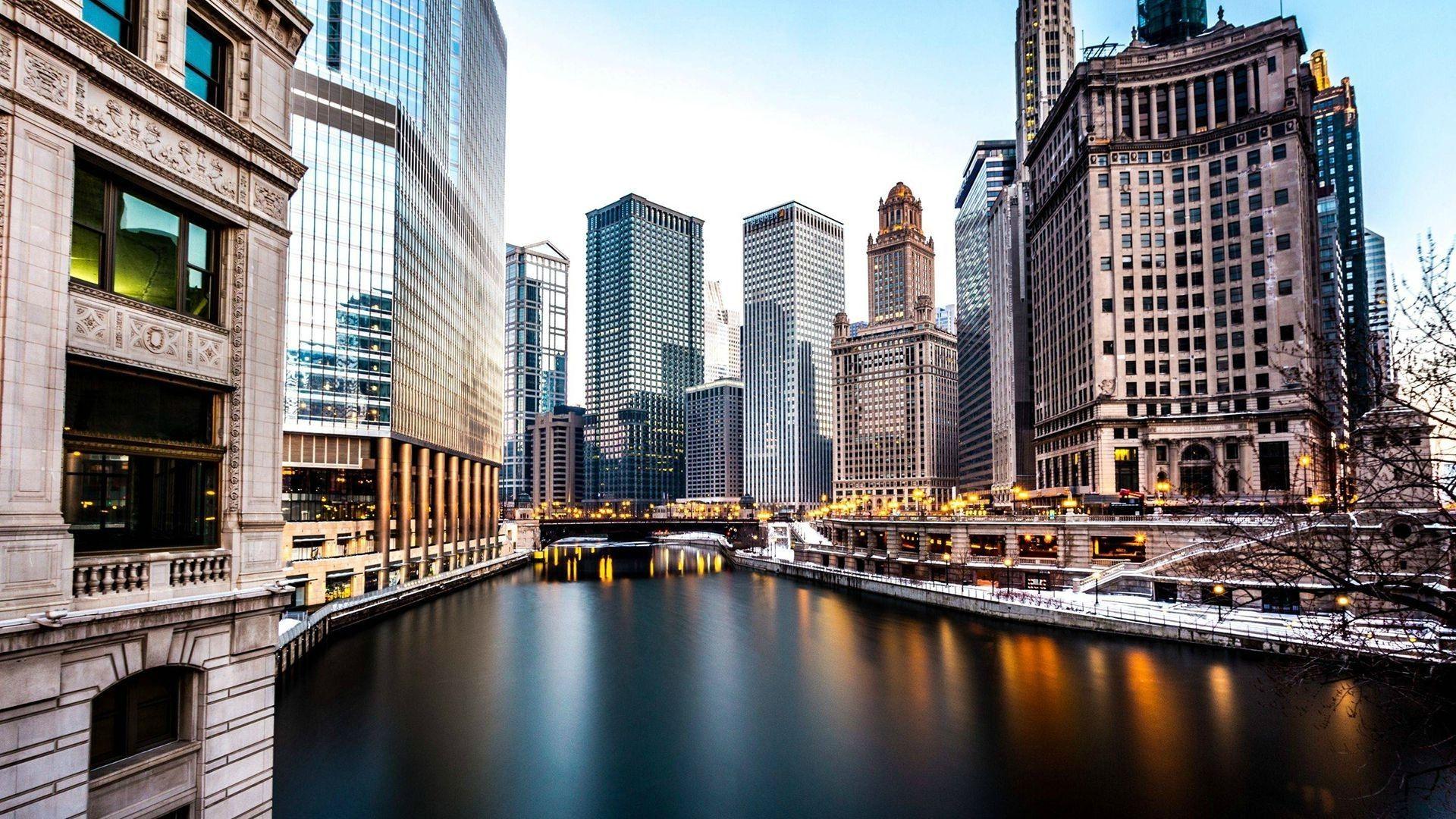 1920x1080 city, Chicago, Long Exposure, Skyscraper, River Wallpaper HD / Desktop and Mobile Background