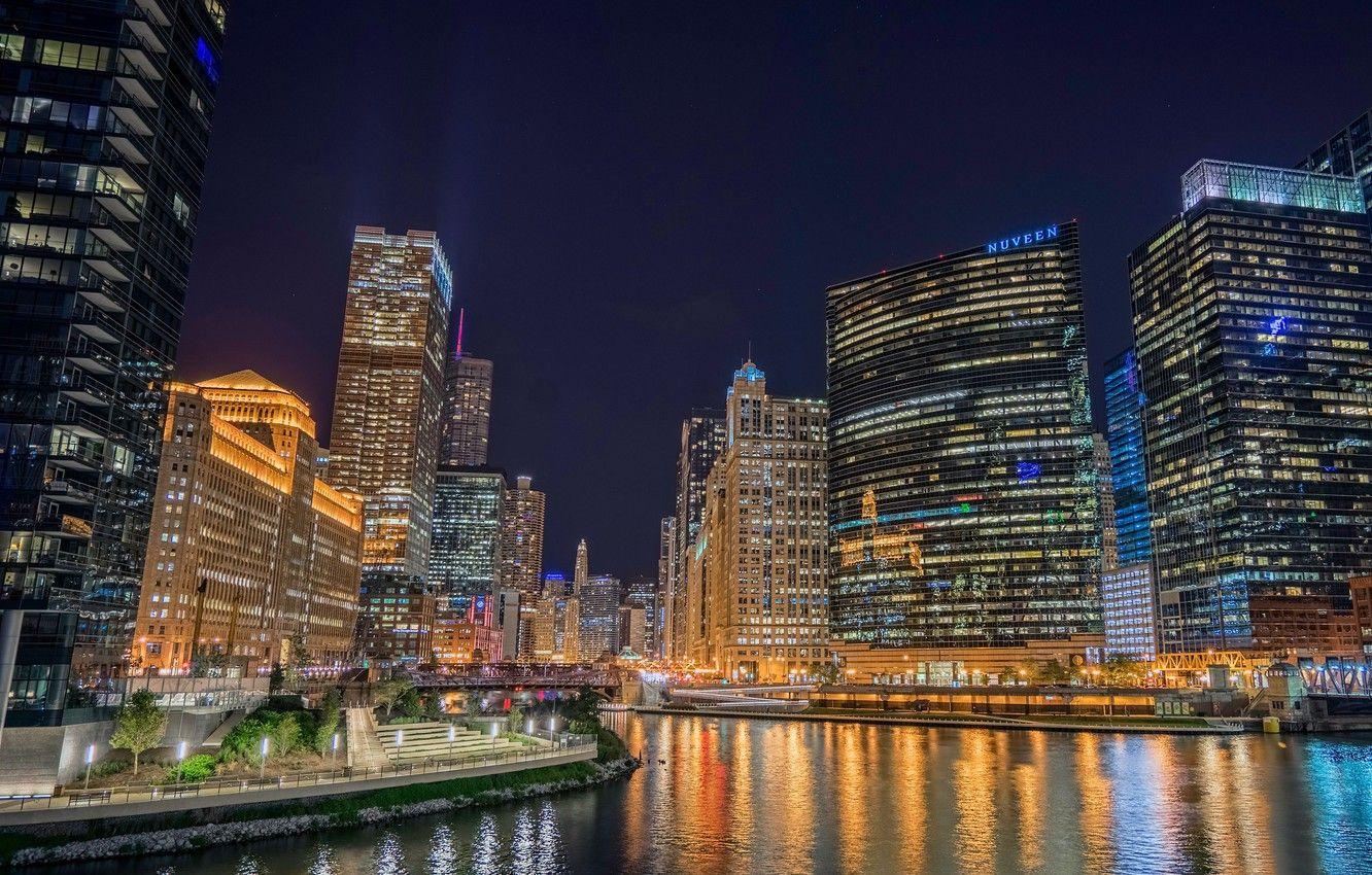 1332x850 Wallpaper river, building, Chicago, Il, night city, Chicago, Illinois, skyscrapers, Chicago River, the Chicago river image for desktop, section город