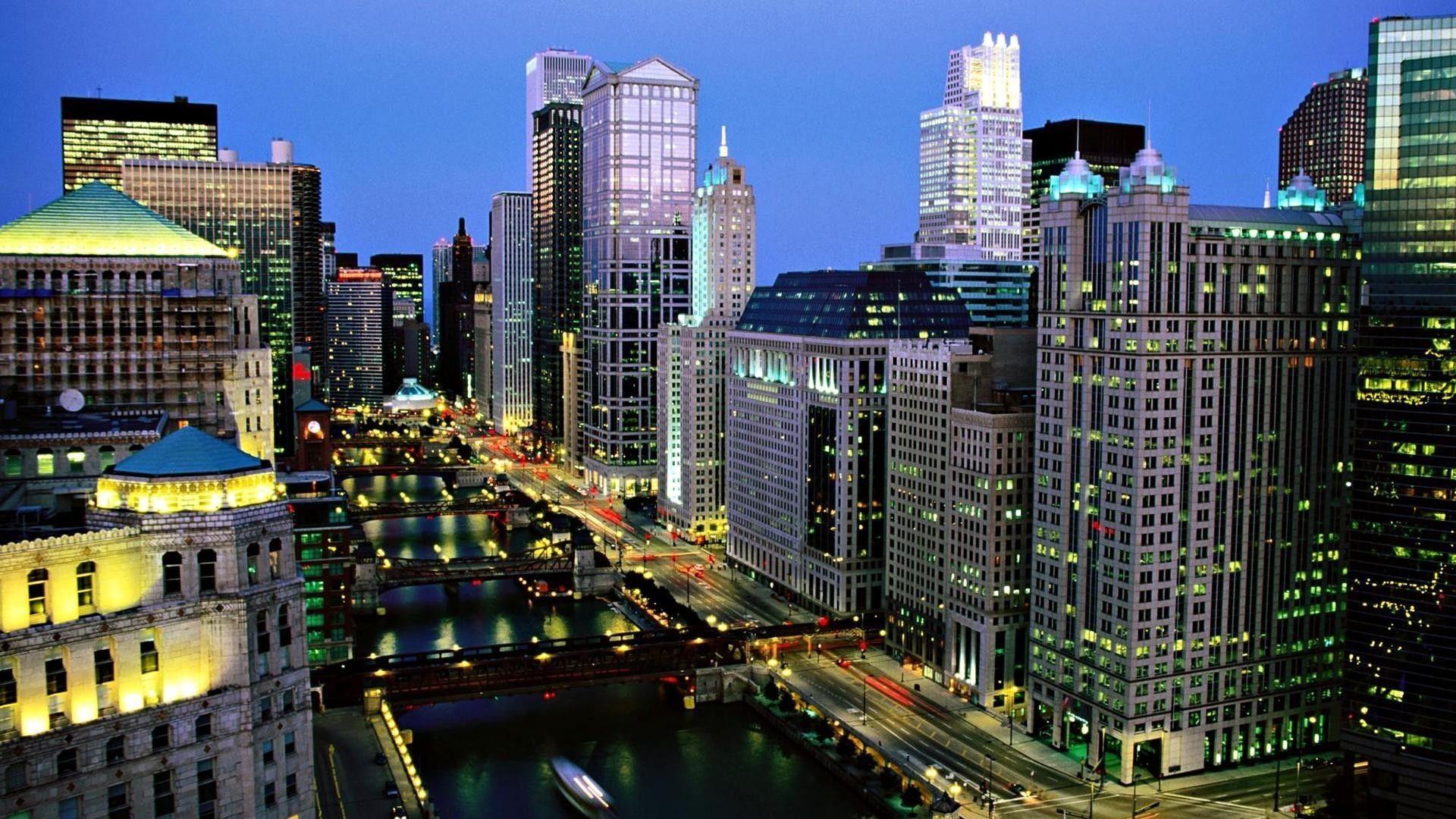 1920x1080 The Chicago River At Night Chicago River Wallpaper HD Wallpaper & Background Download