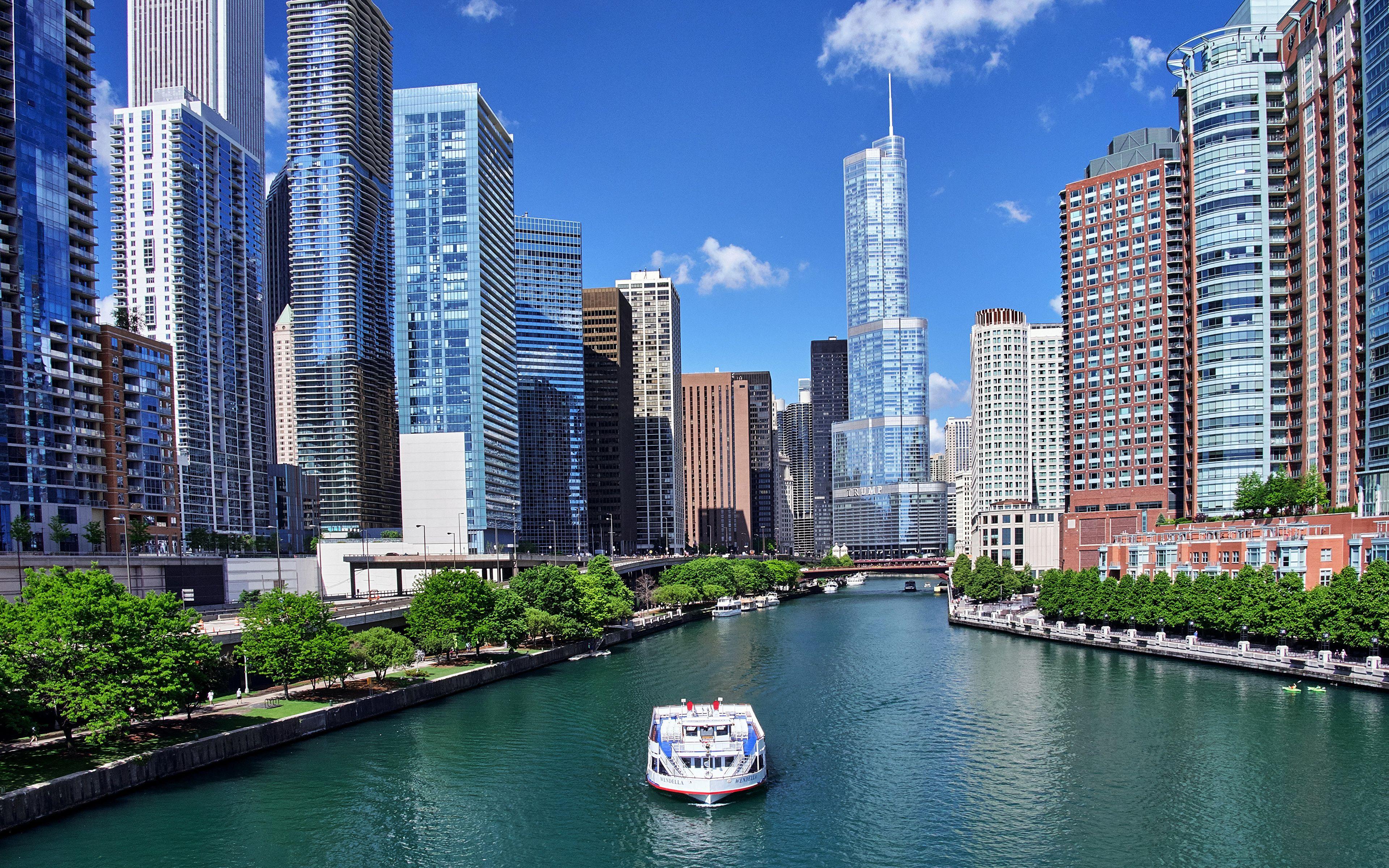 3840x2400 image Chicago city USA ship Rivers Skyscrapers Cities 3840x2400